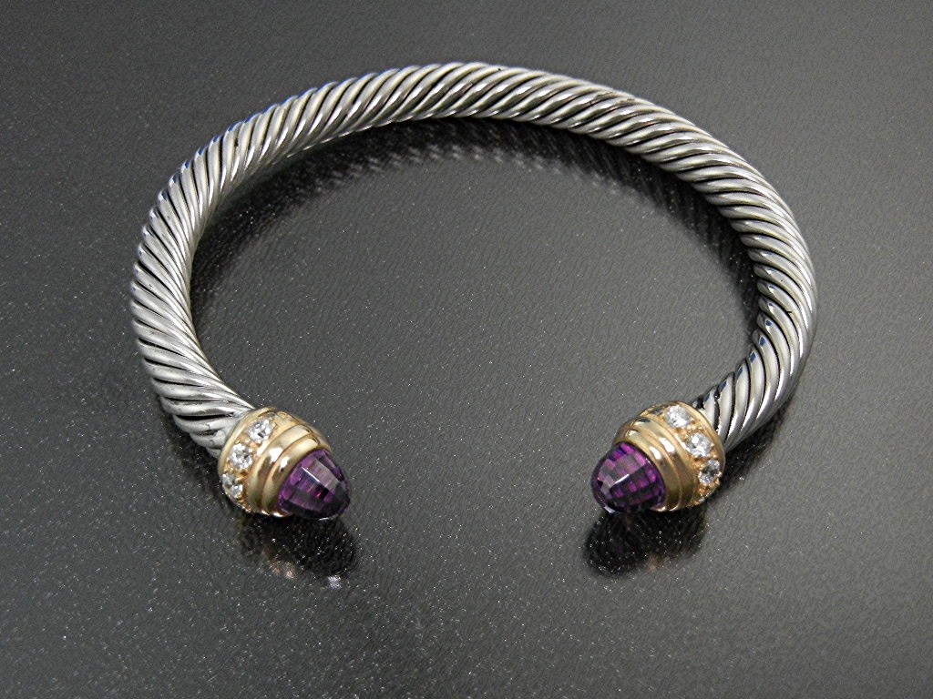 Bracelet Sterling Silver Twist Cuff with  Amethyst