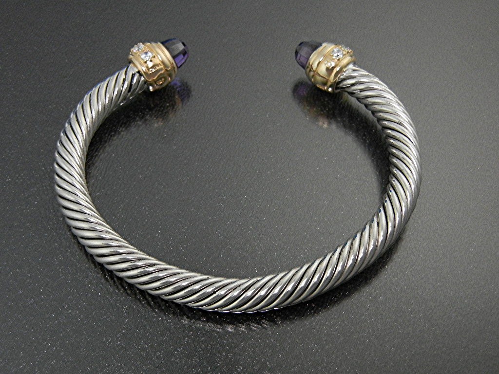 Bracelet Sterling Silver Twist Cuff with  Amethyst