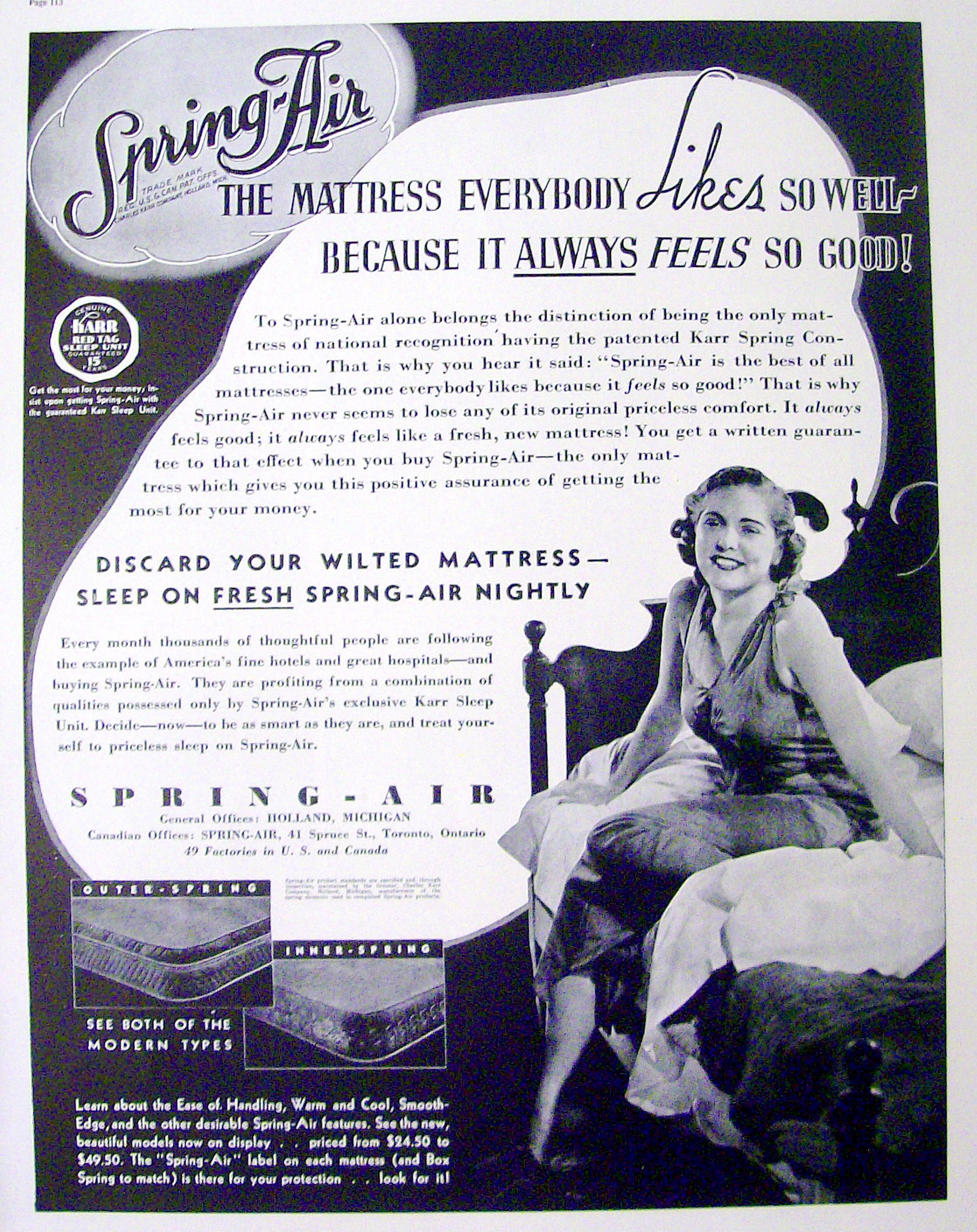 1937 Spring Air Mattress with Woman Sitting On The Bed