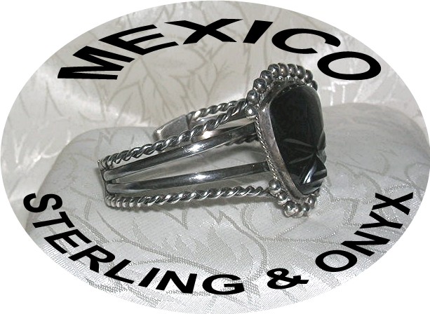 Signed Mexican Sterling & Onyx Cuff Bracelet