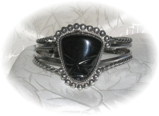 Signed Mexican Sterling & Onyx Cuff Bracelet