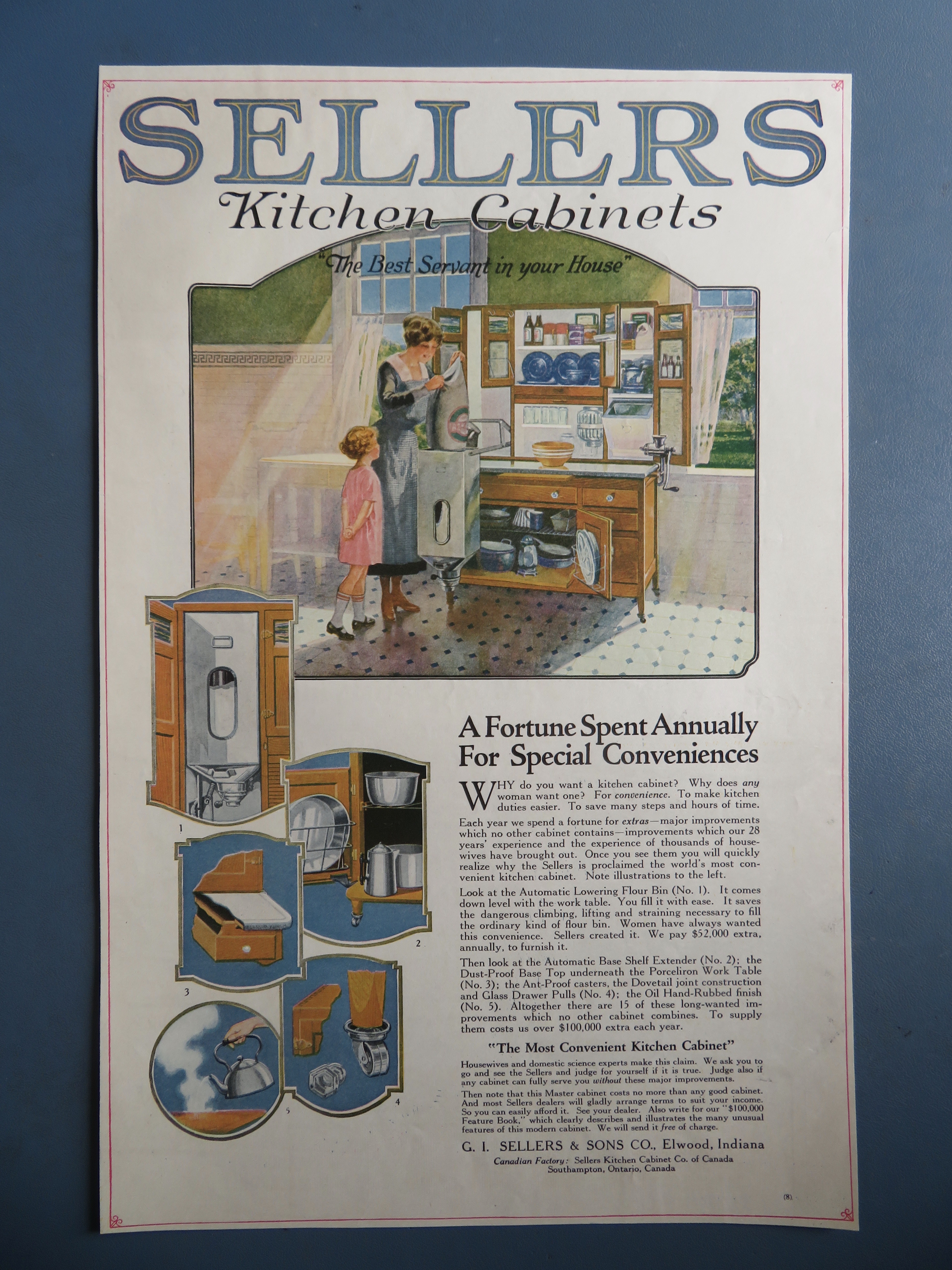 1920 Sellers Kitchen Cabinets with Woman & Child