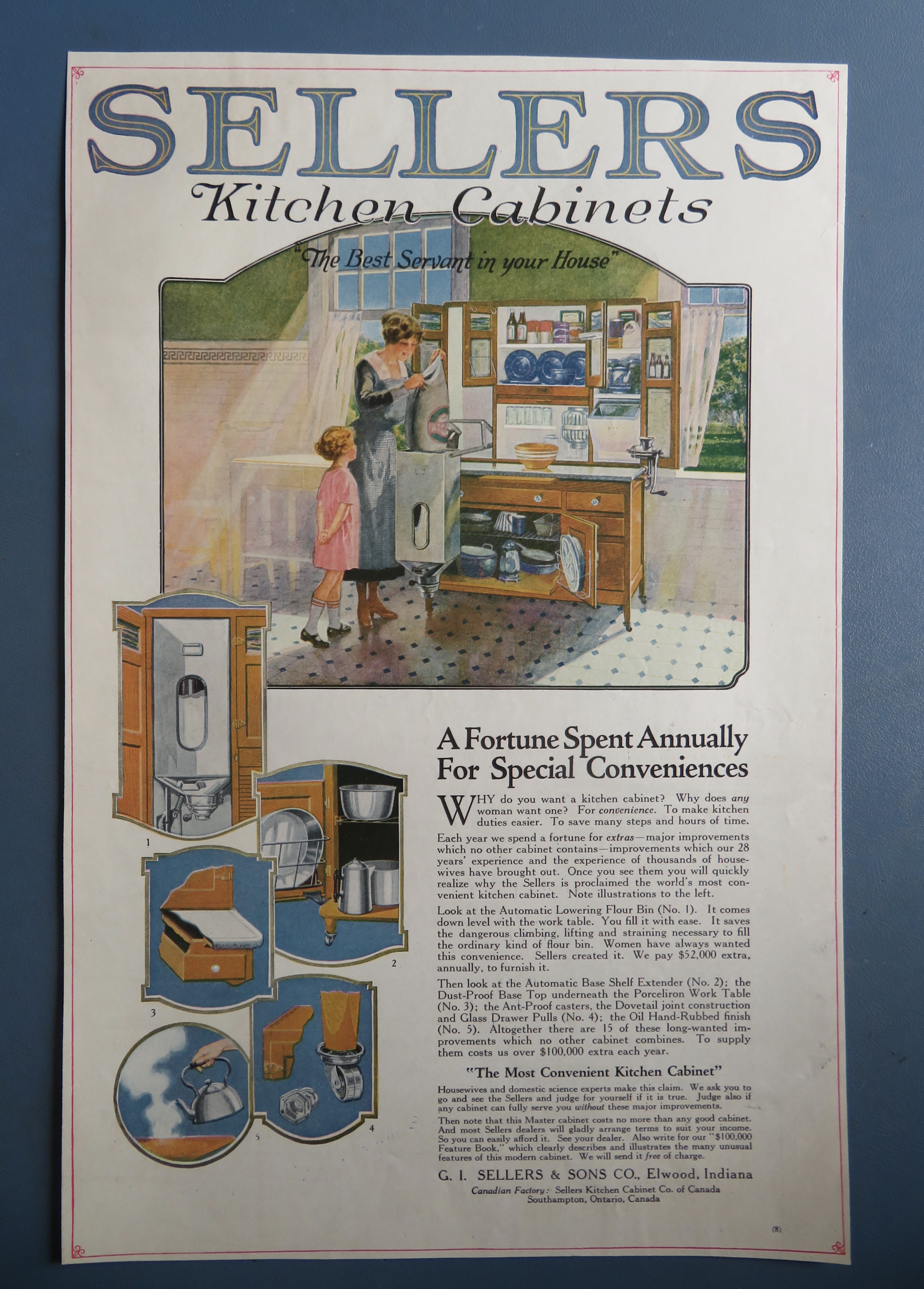 1920 Sellers Kitchen Cabinets with Woman & Child