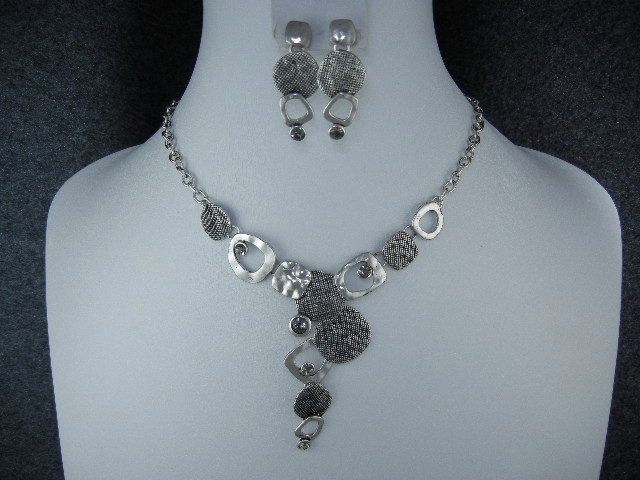 Costume Necklace and Earrings Grey Glass Silver Tone