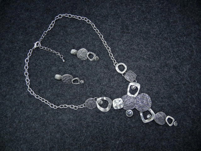 Costume Necklace and Earrings Grey Glass Silver Tone