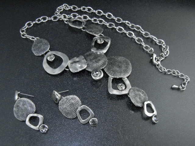 Costume Necklace and Earrings Grey Glass Silver Tone