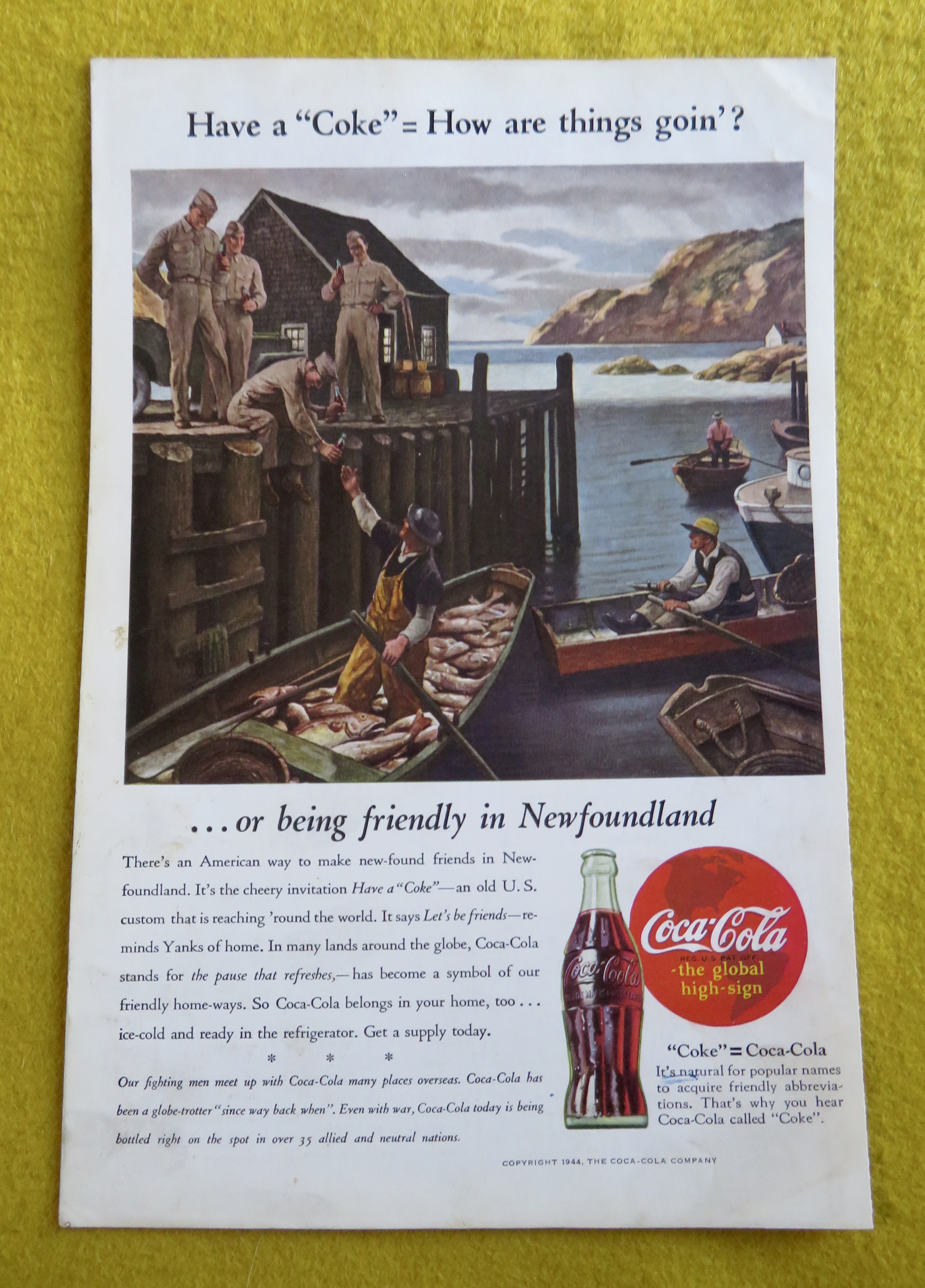 1944 Coca Cola (Coke) with a Soldier & Fisherman