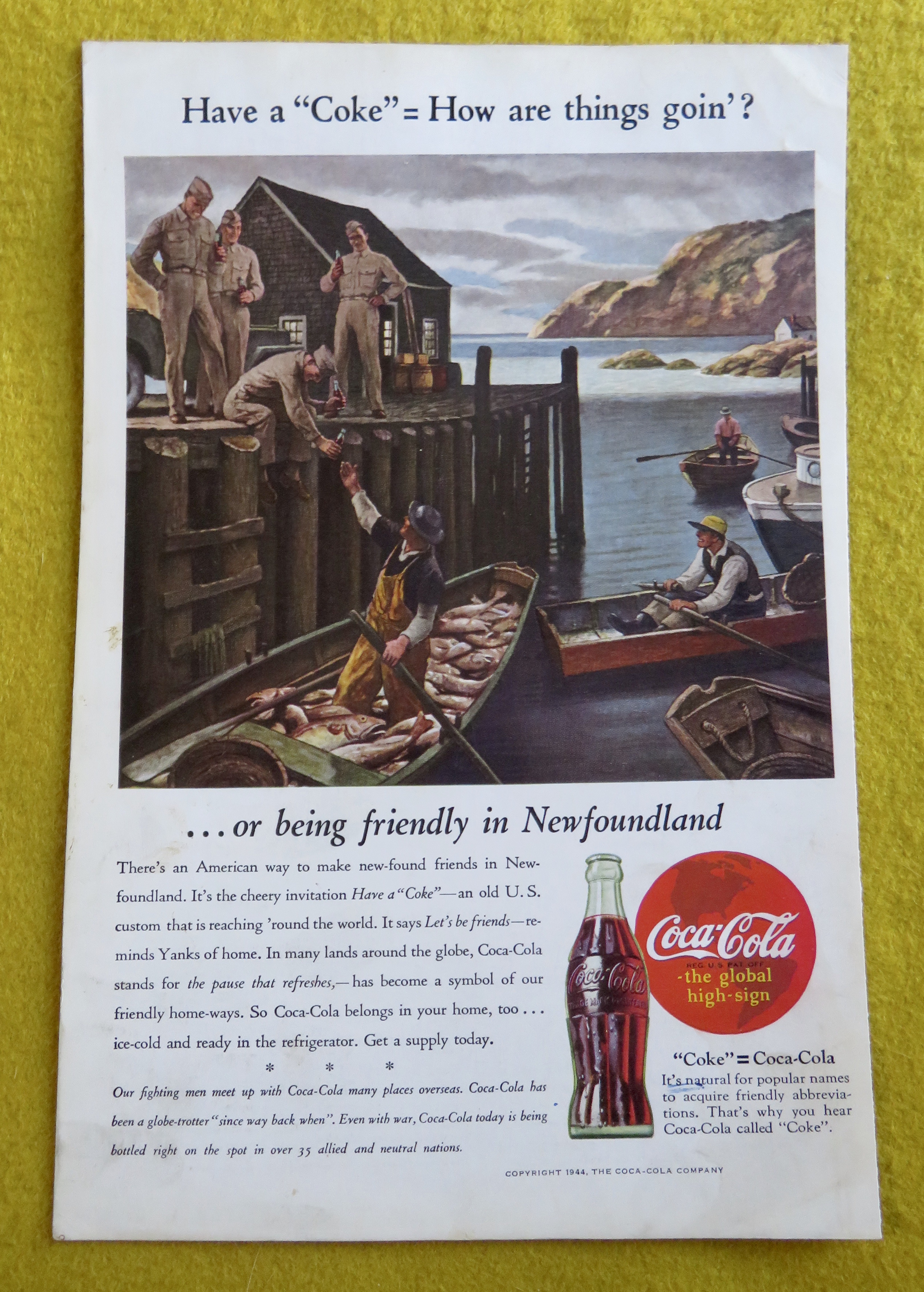 1944 Coca Cola (Coke) with a Soldier & Fisherman
