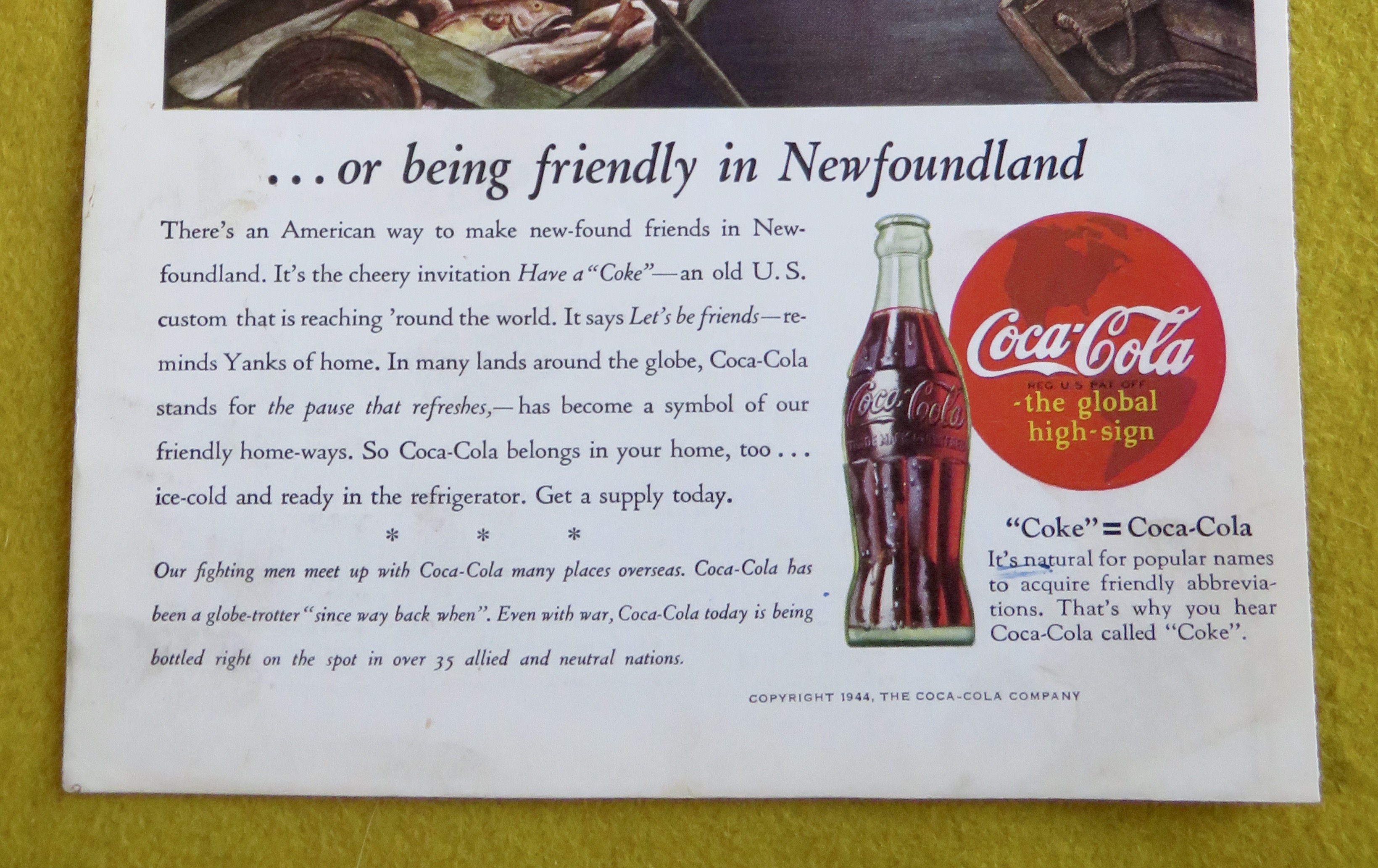 1944 Coca Cola (Coke) with a Soldier & Fisherman