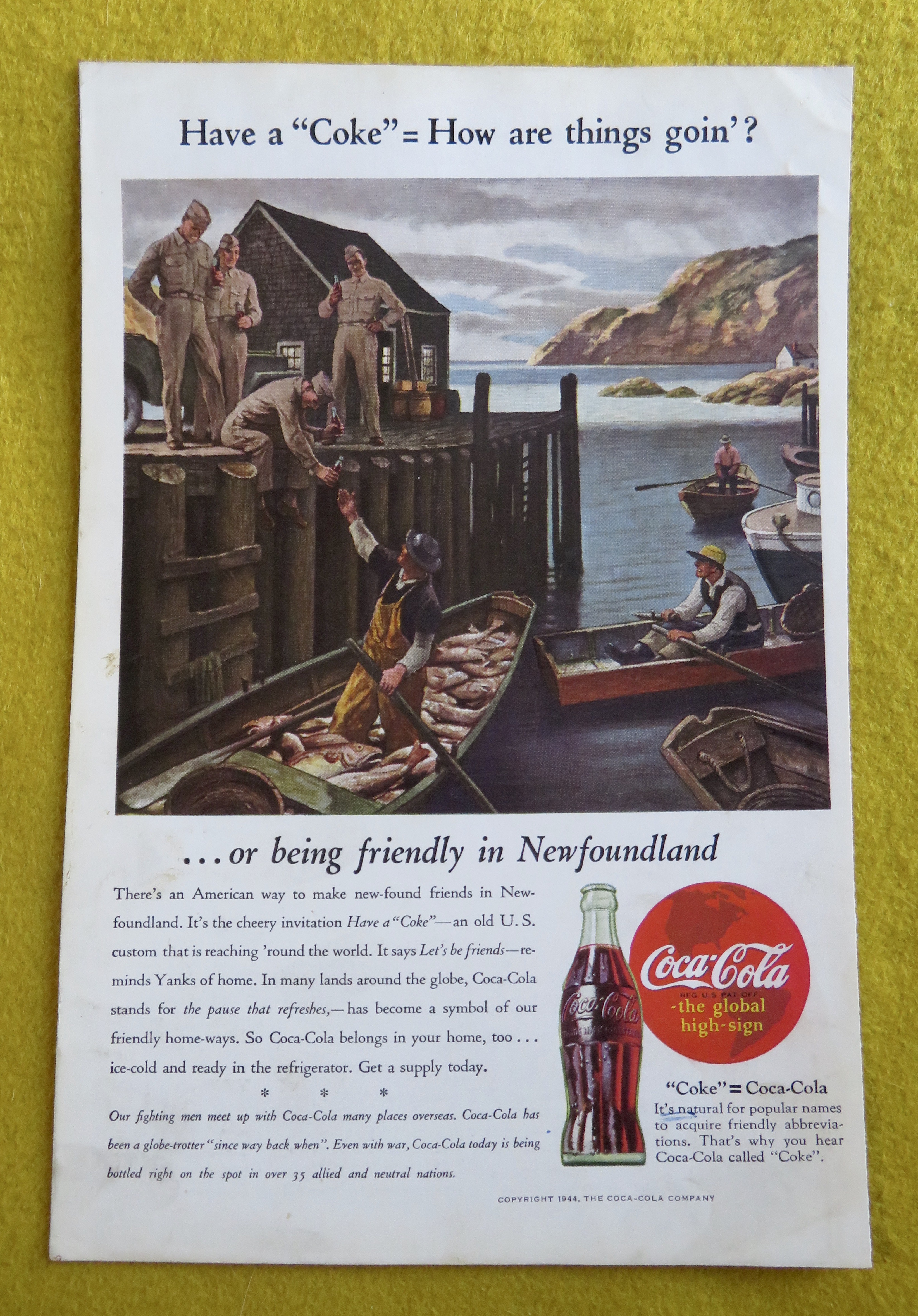 1944 Coca Cola (Coke) with a Soldier & Fisherman