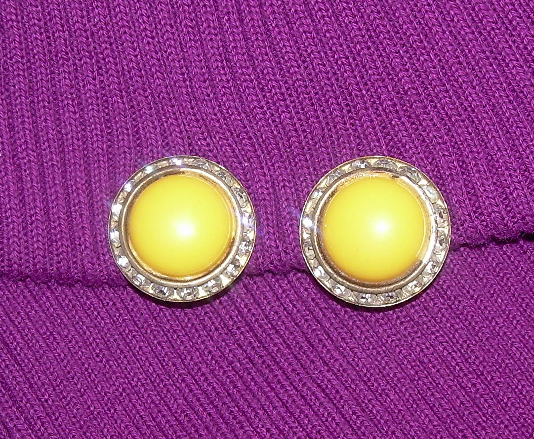 Vintage Yellow & Rhinestone Clip Earrings