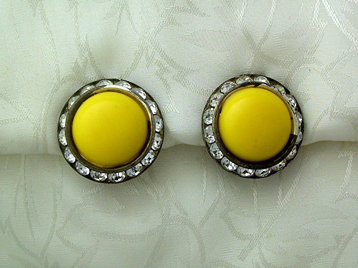 Vintage Yellow & Rhinestone Clip Earrings