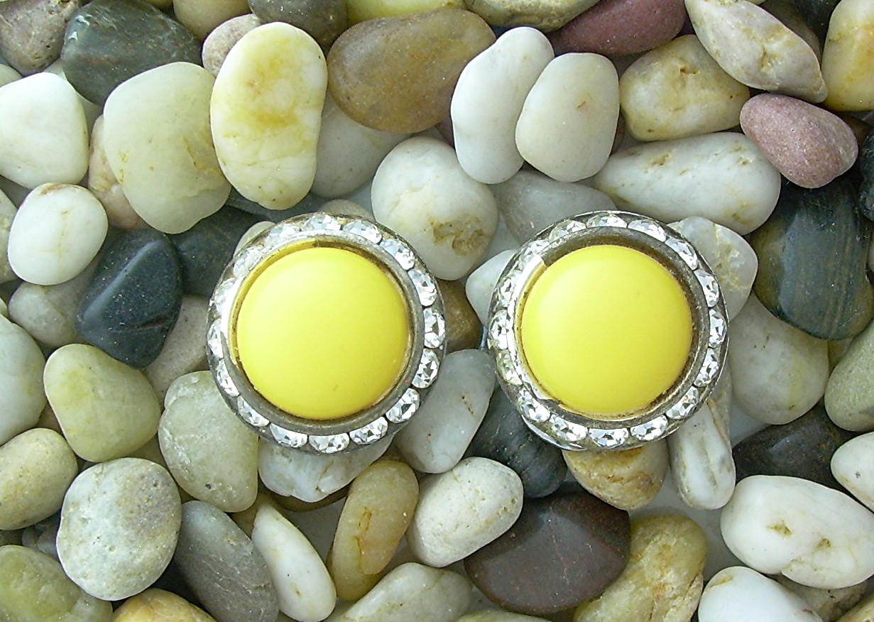 Vintage Yellow & Rhinestone Clip Earrings