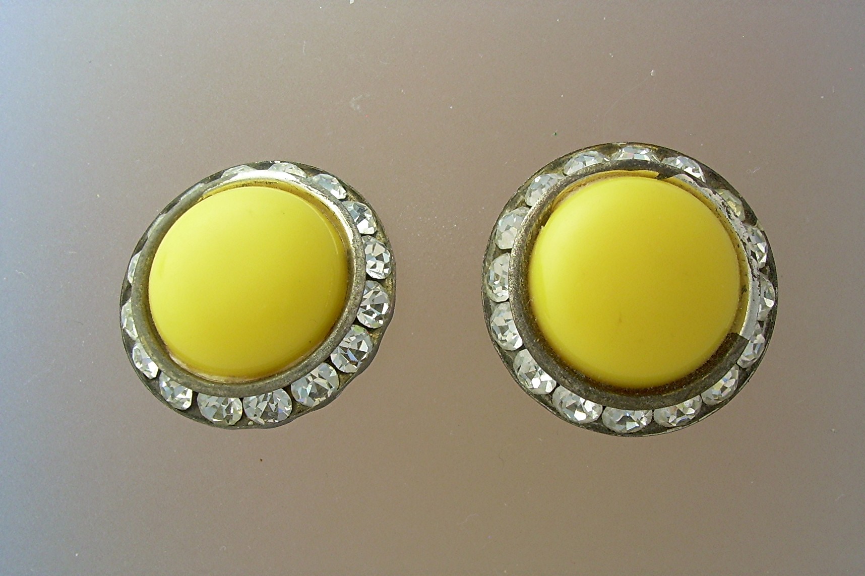 Vintage Yellow & Rhinestone Clip Earrings