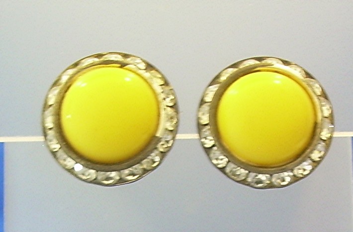 Vintage Yellow & Rhinestone Clip Earrings