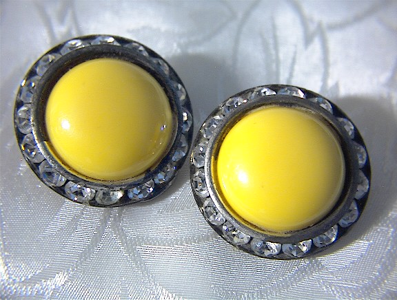 Vintage Yellow & Rhinestone Clip Earrings