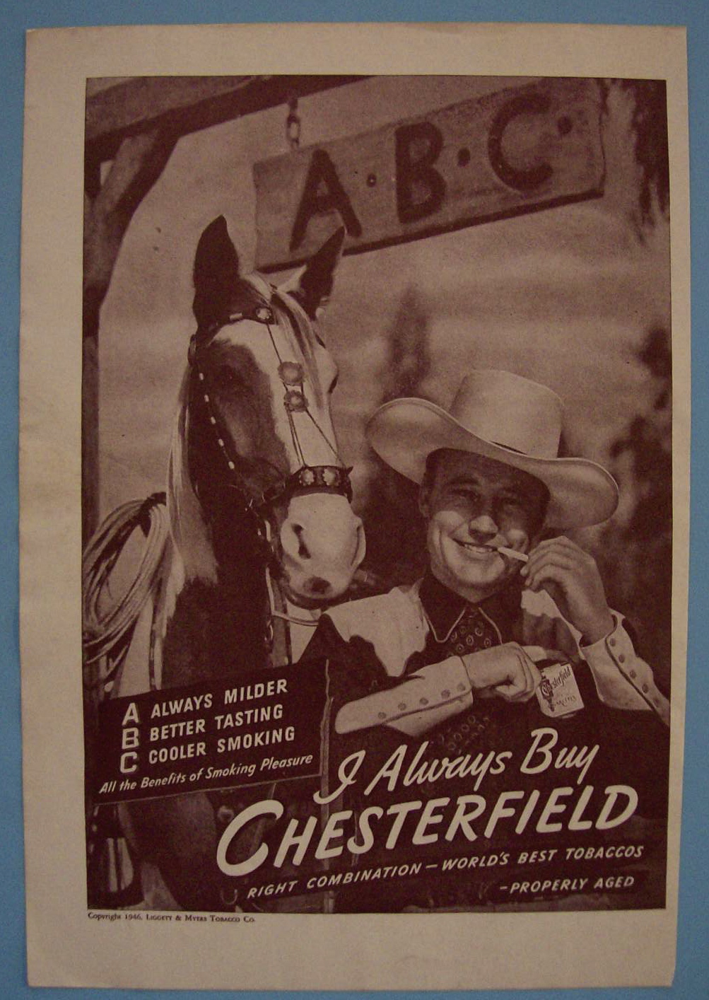 1946 Chesterfield Cigarettes with Cowboy by a Horse