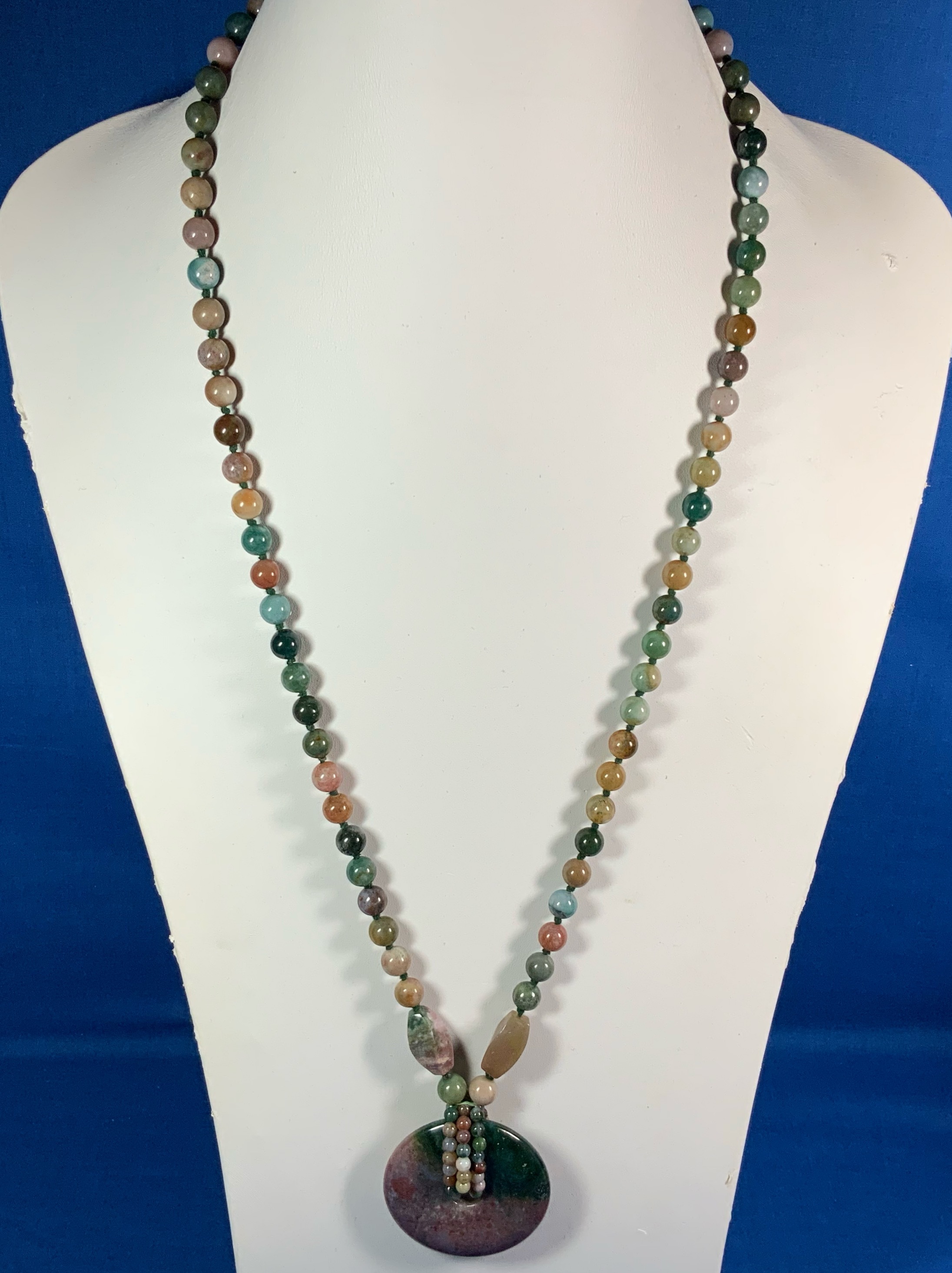 Agate Greens Pink 30 Inch Necklace 1 7/8 Pendant