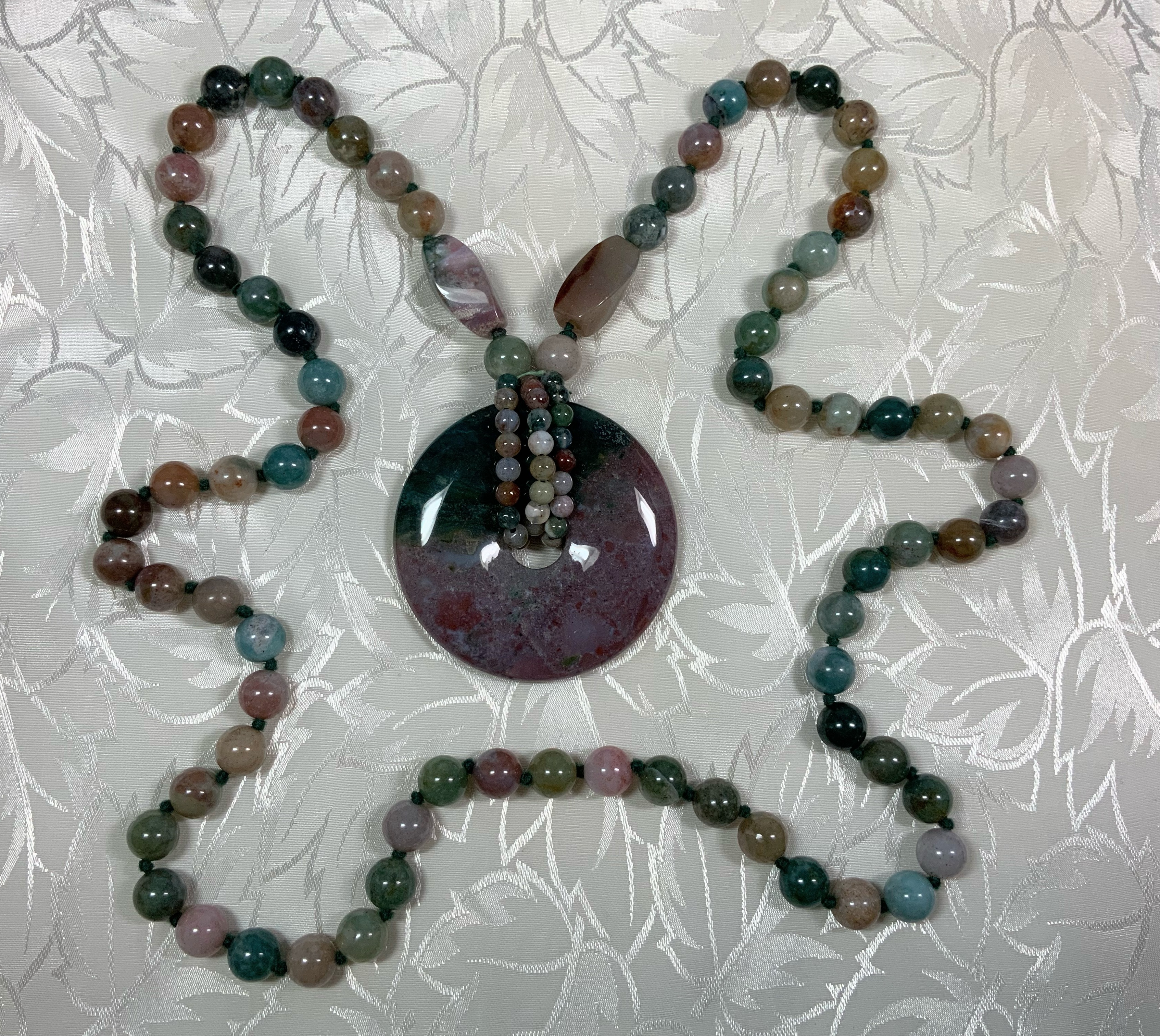 Agate Greens Pink 30 Inch Necklace 1 7/8 Pendant