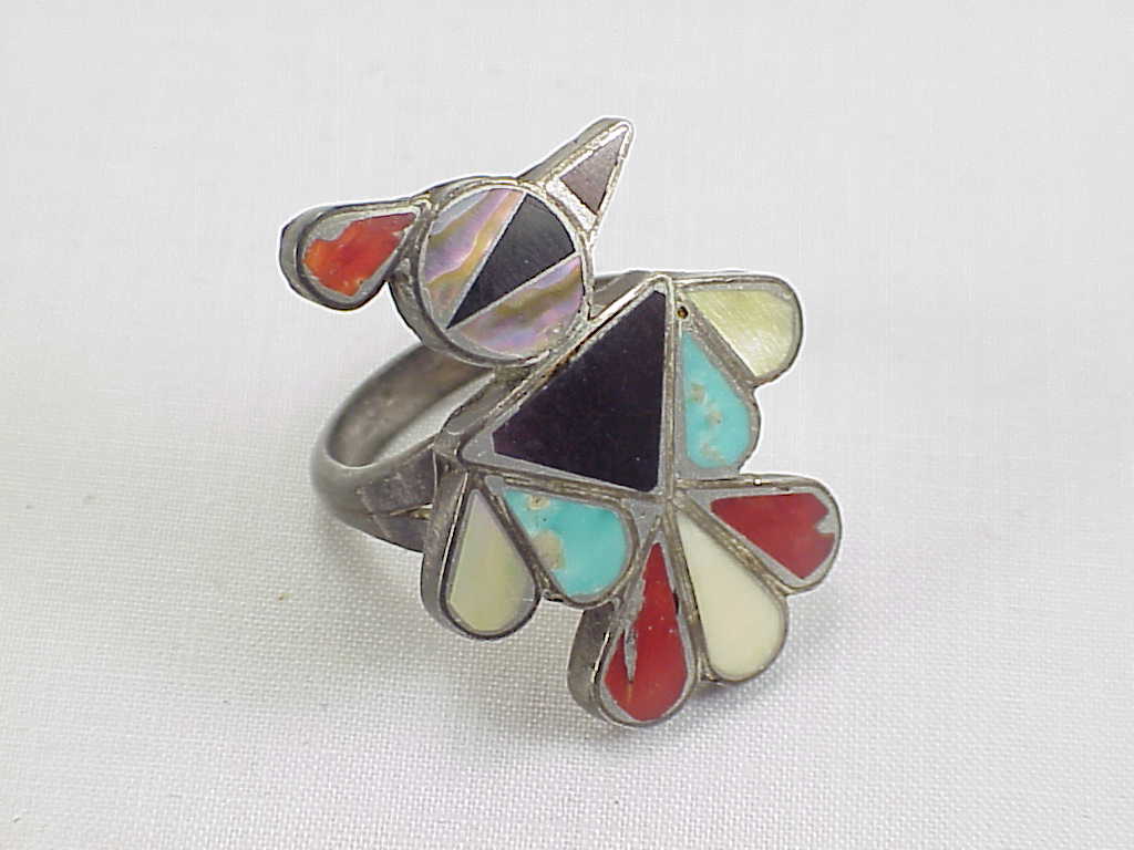 Native American Zuni Sterling Silver Inlay Thunderbird Ring Signed B P