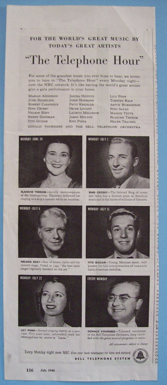 Vintage Ad: 1946 Telephone Hour w/ Crosby, Eddy & More