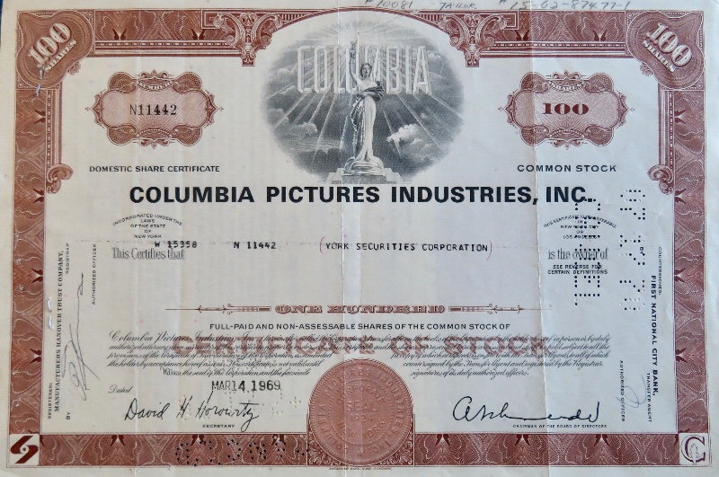 1969 Columbia Pictures Industries Incorporated Stock Certificate