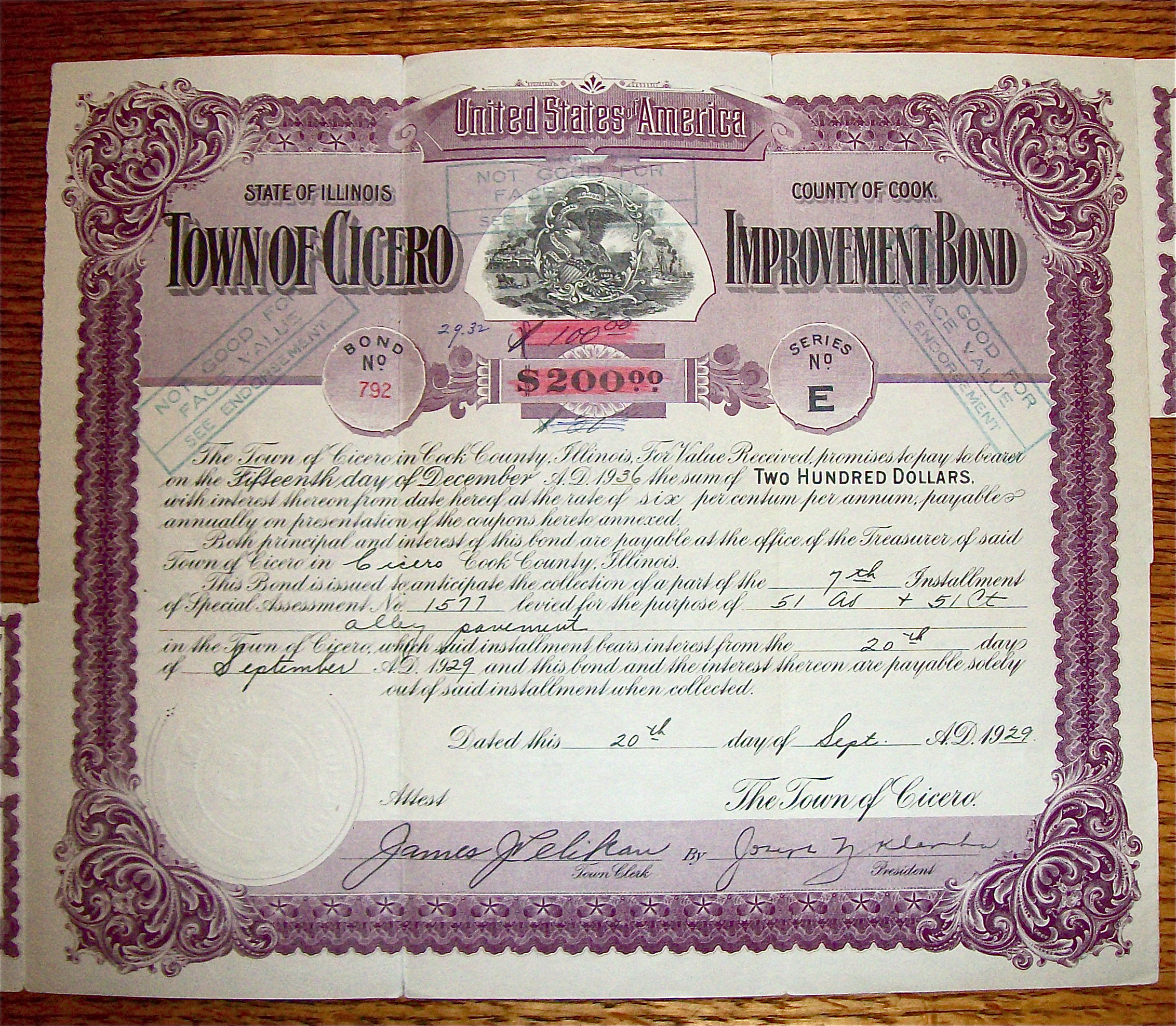 1929 Town Of Cicero $200 Improvement Bond