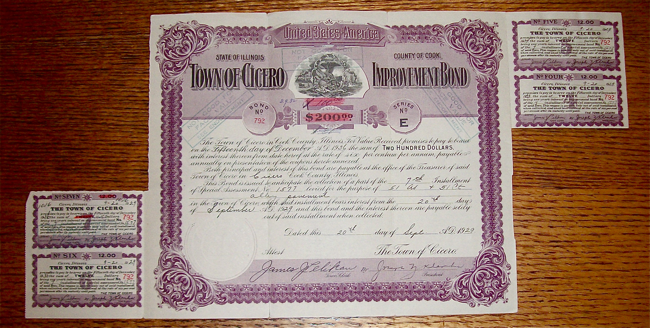 1929 Town Of Cicero $200 Improvement Bond