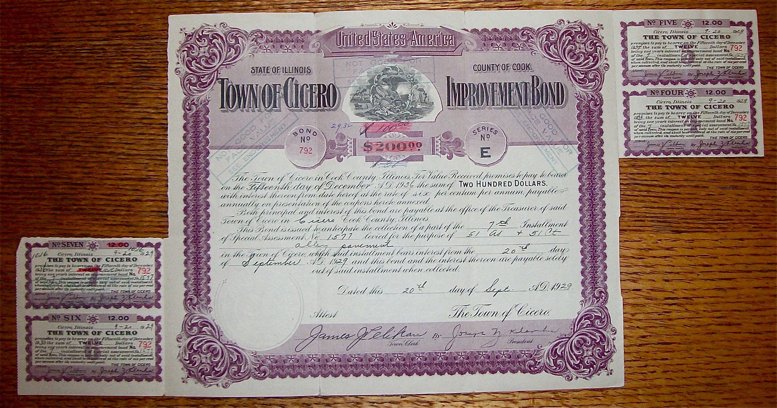 1929 Town Of Cicero $200 Improvement Bond