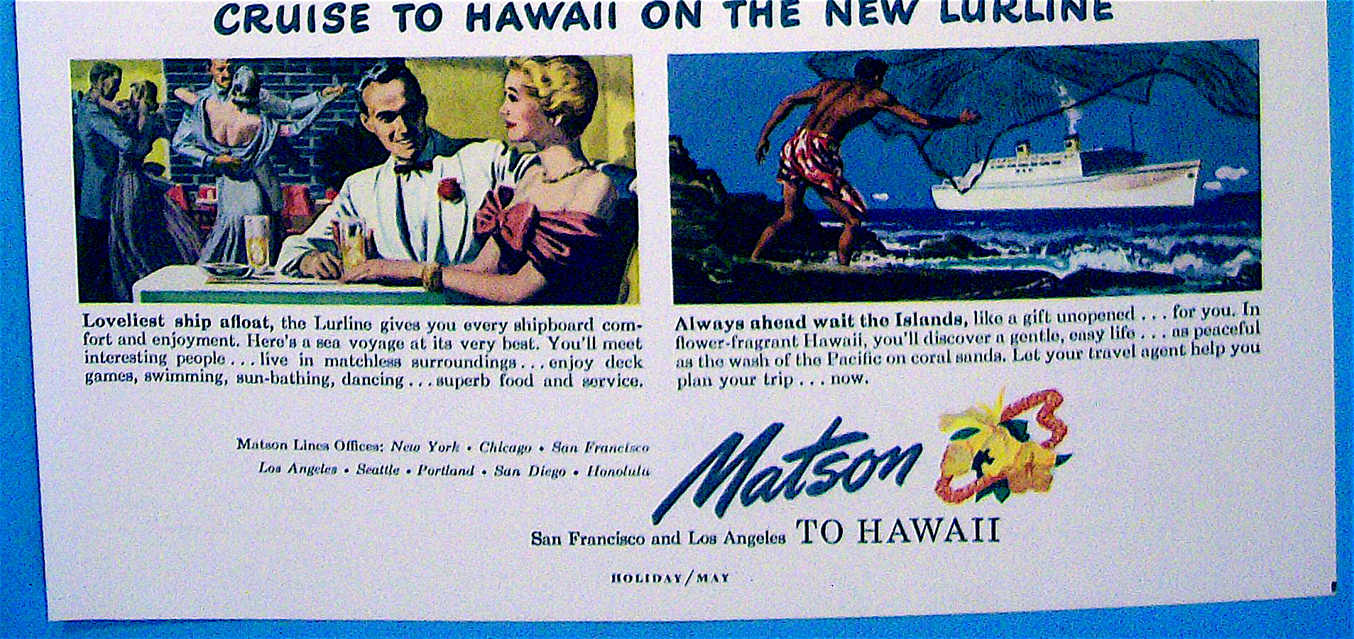 1949 Matson To Hawaii Cruise Lines with Couple On Ship