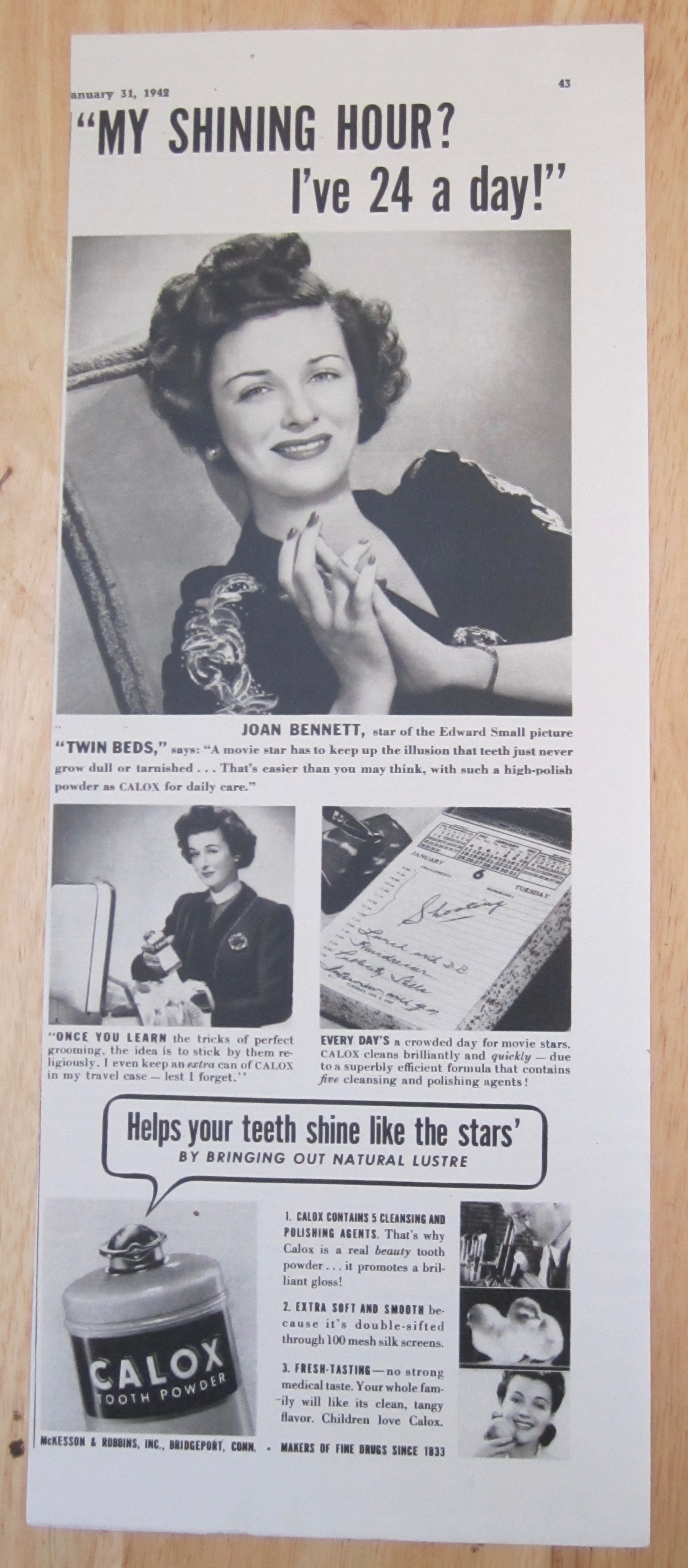 1942 Calox Tooth Powder with Joan Bennett