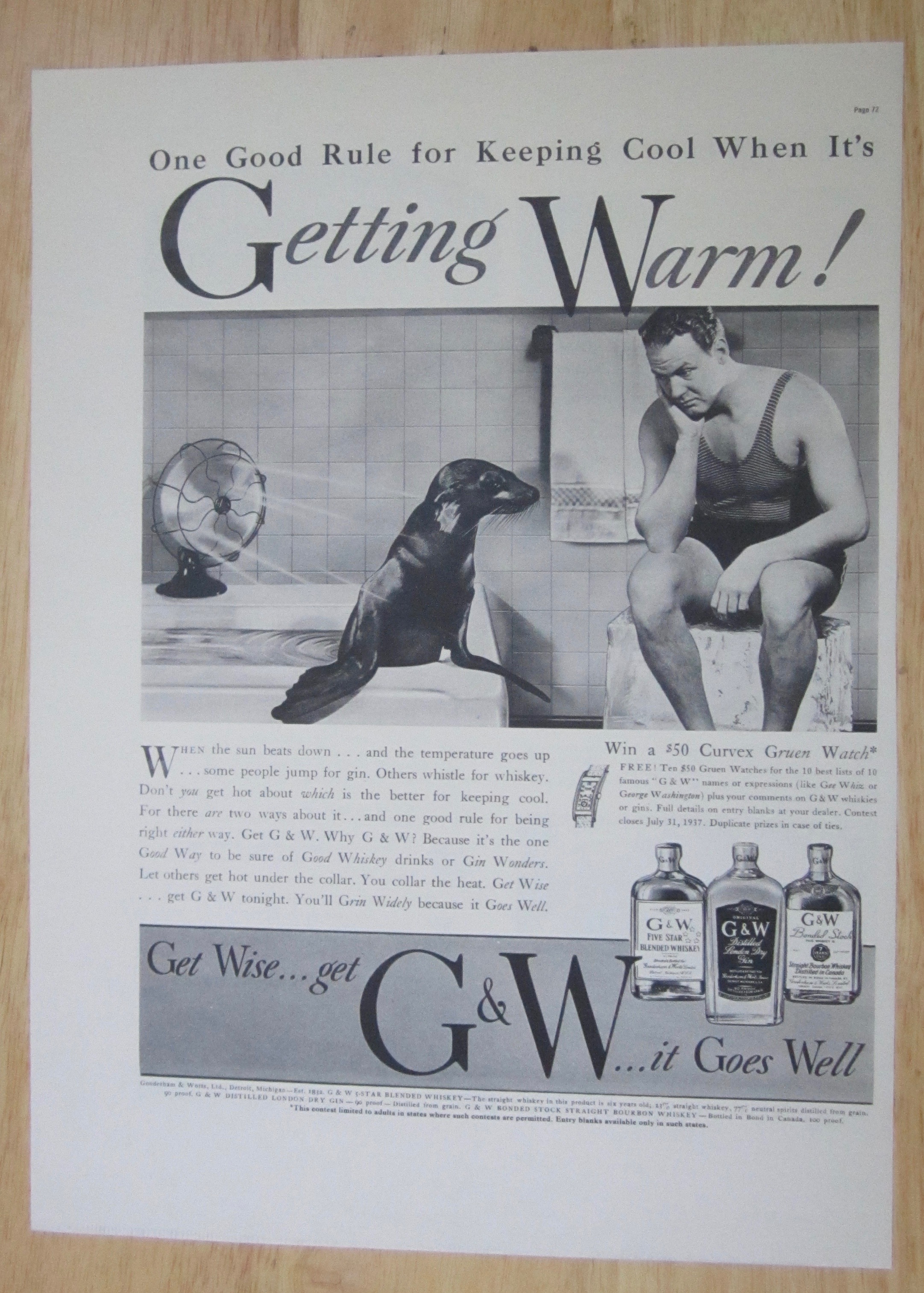 1937 G & W Whiskey with Man Staring At A Seal