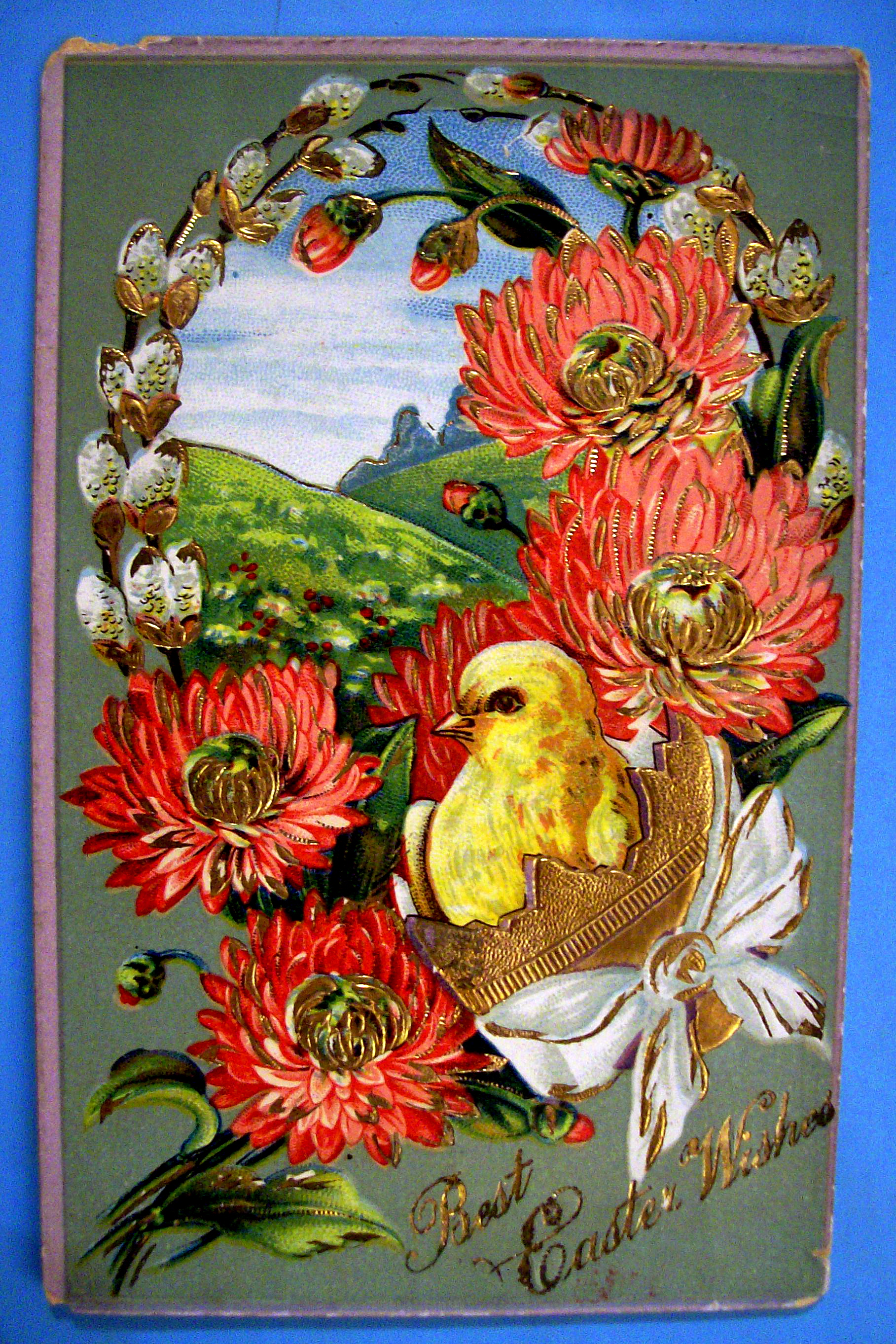 Best Easter Wishes Postcard with Chick in Egg & Flowers