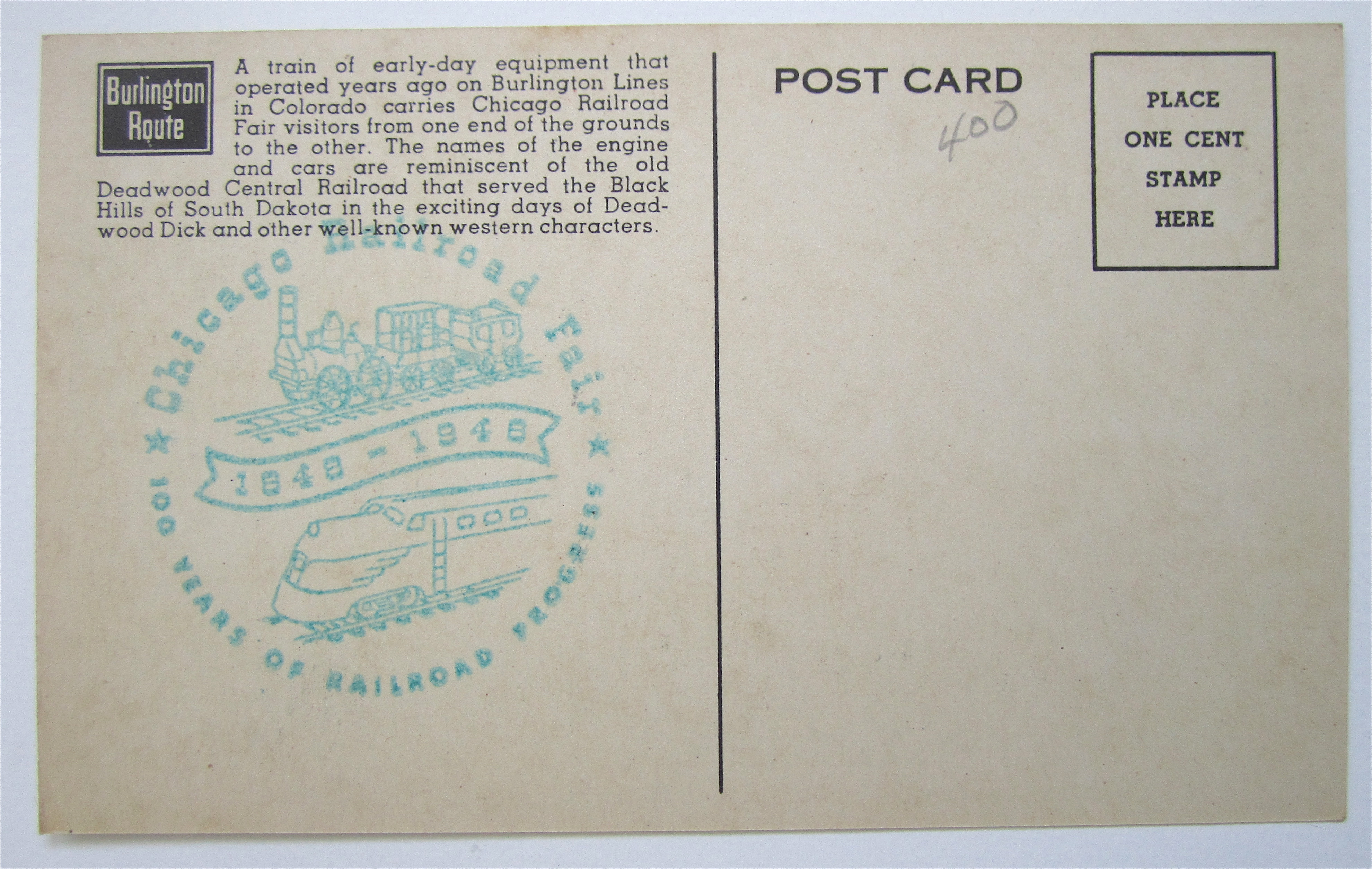 Deadwood Central Train, Chicago Railroad Fair Postcard