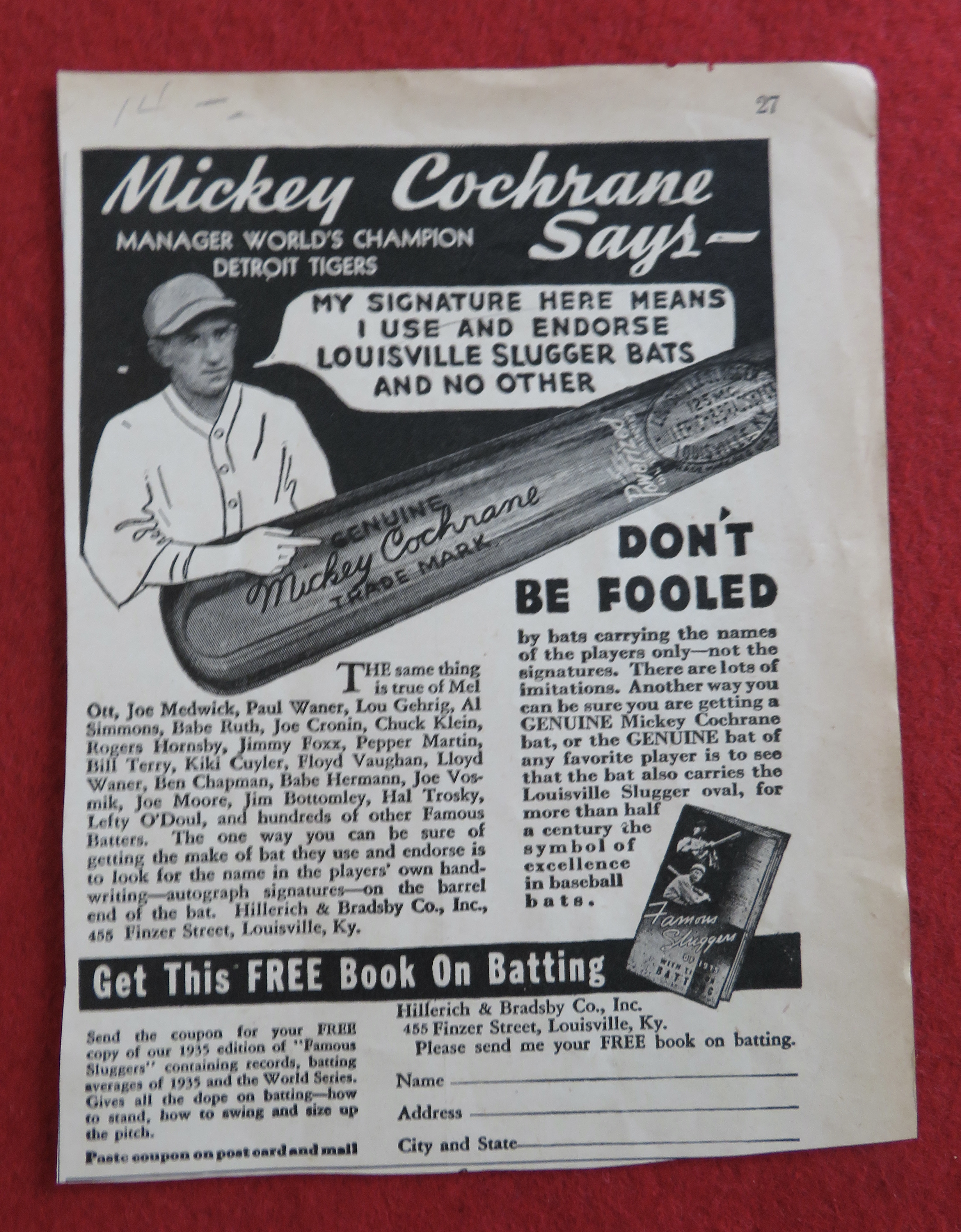 1936 Louisville Slugger Bat with Mickey Cochrane