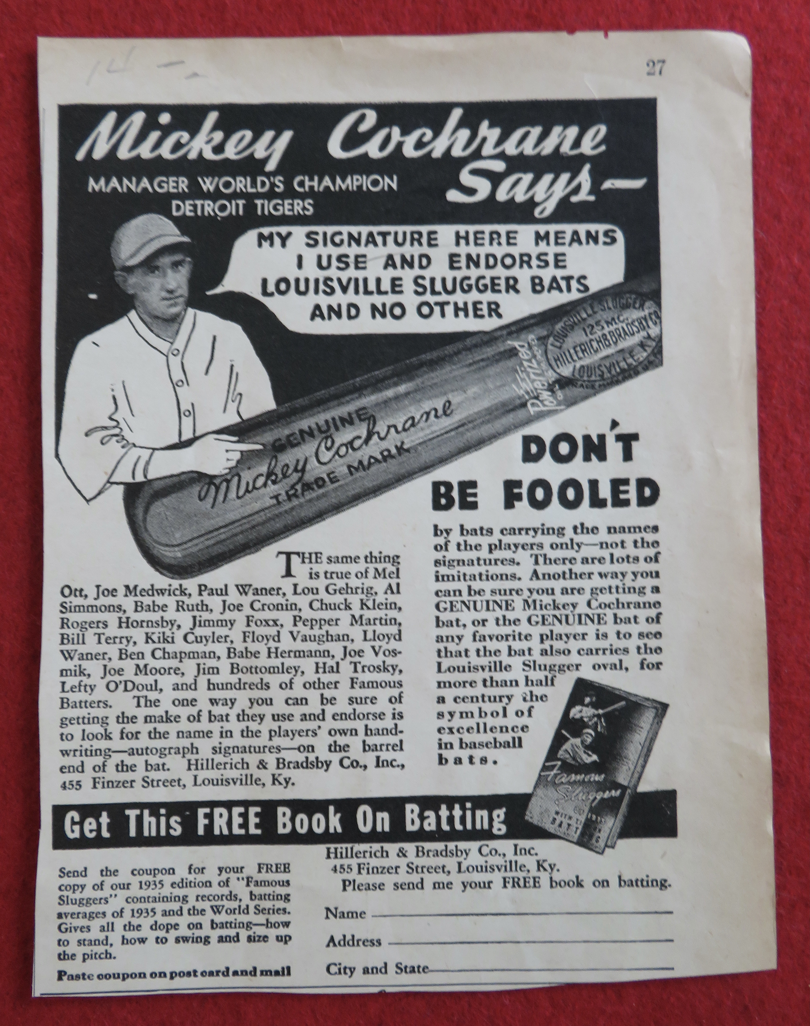 1936 Louisville Slugger Bat with Mickey Cochrane