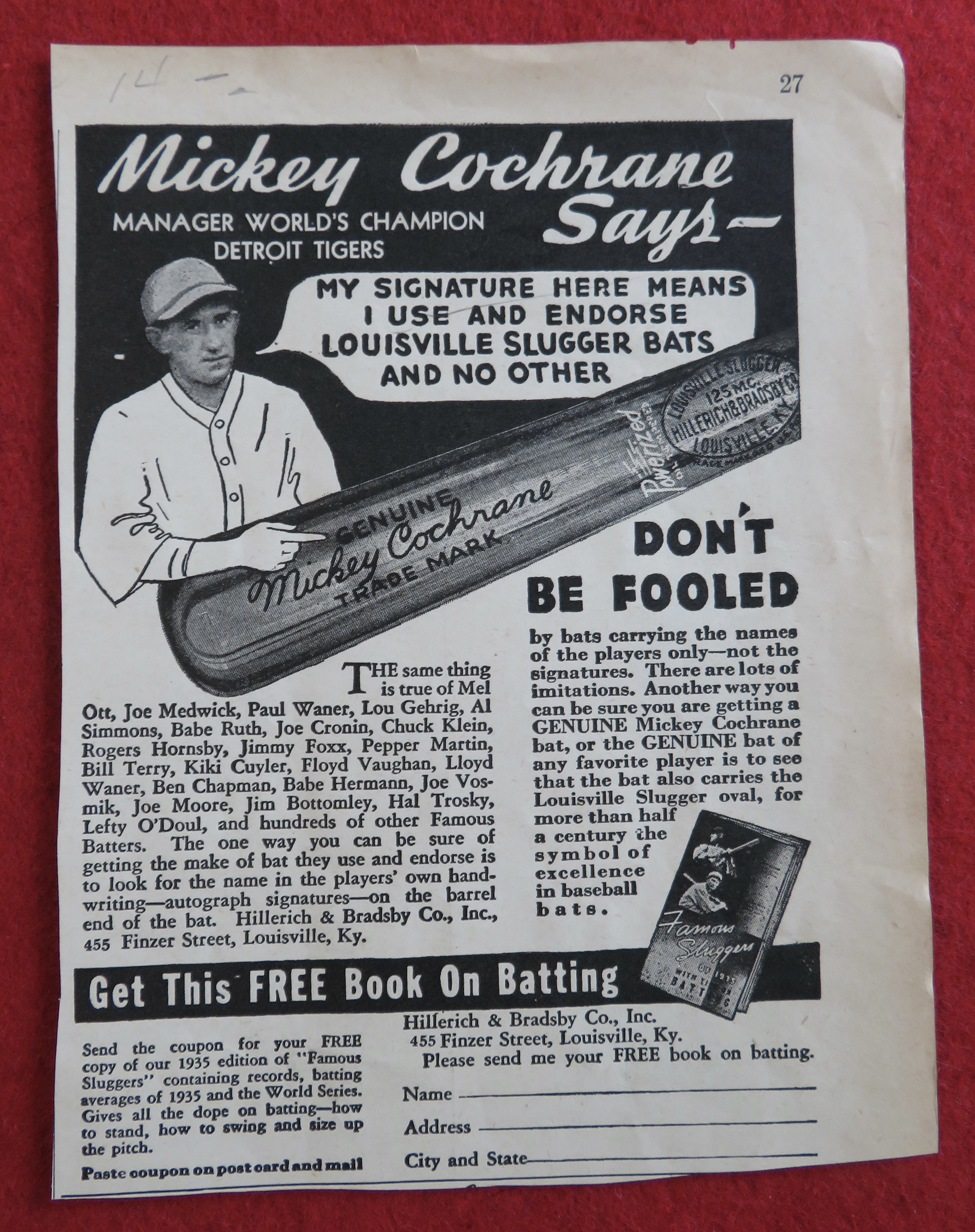 1936 Louisville Slugger Bat with Mickey Cochrane