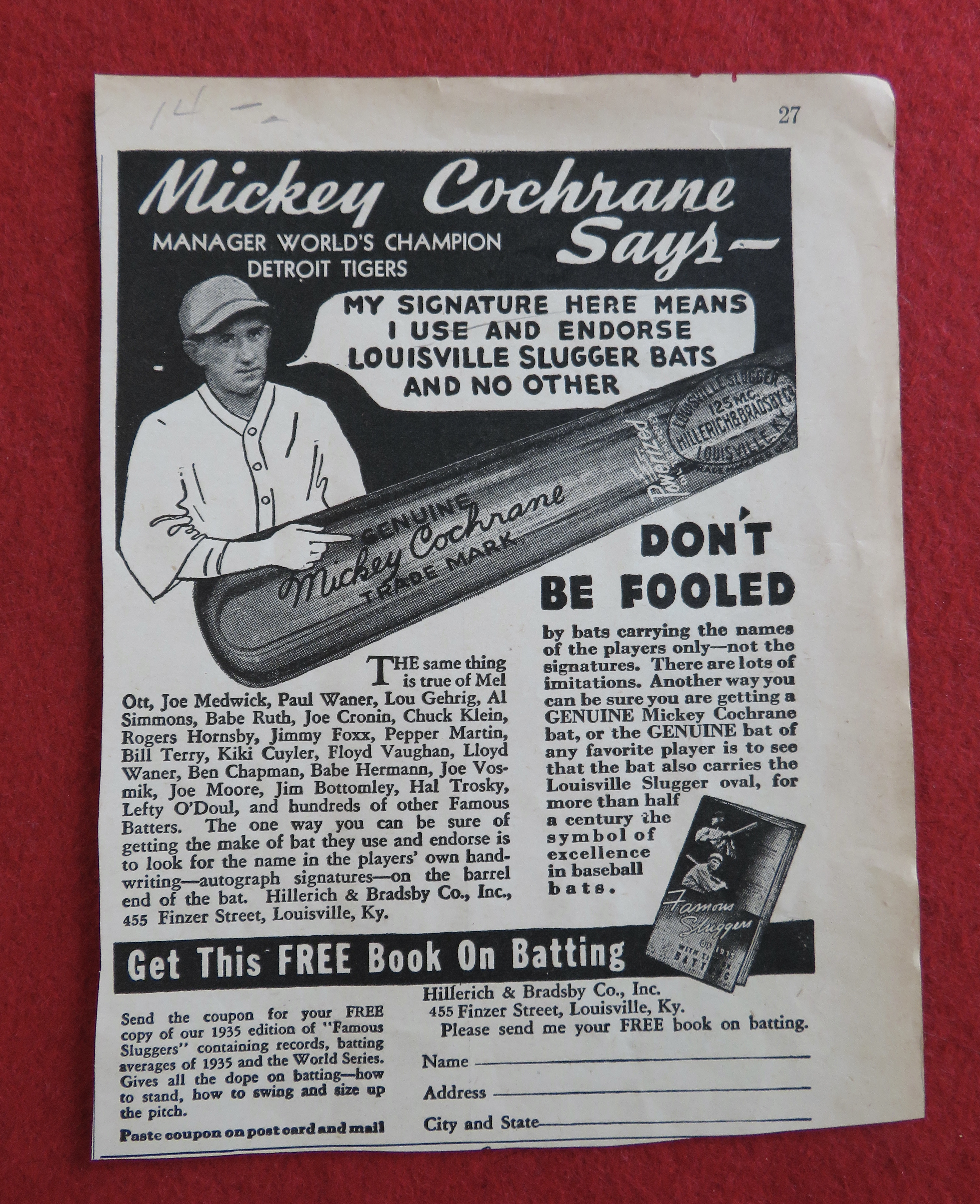 1936 Louisville Slugger Bat with Mickey Cochrane