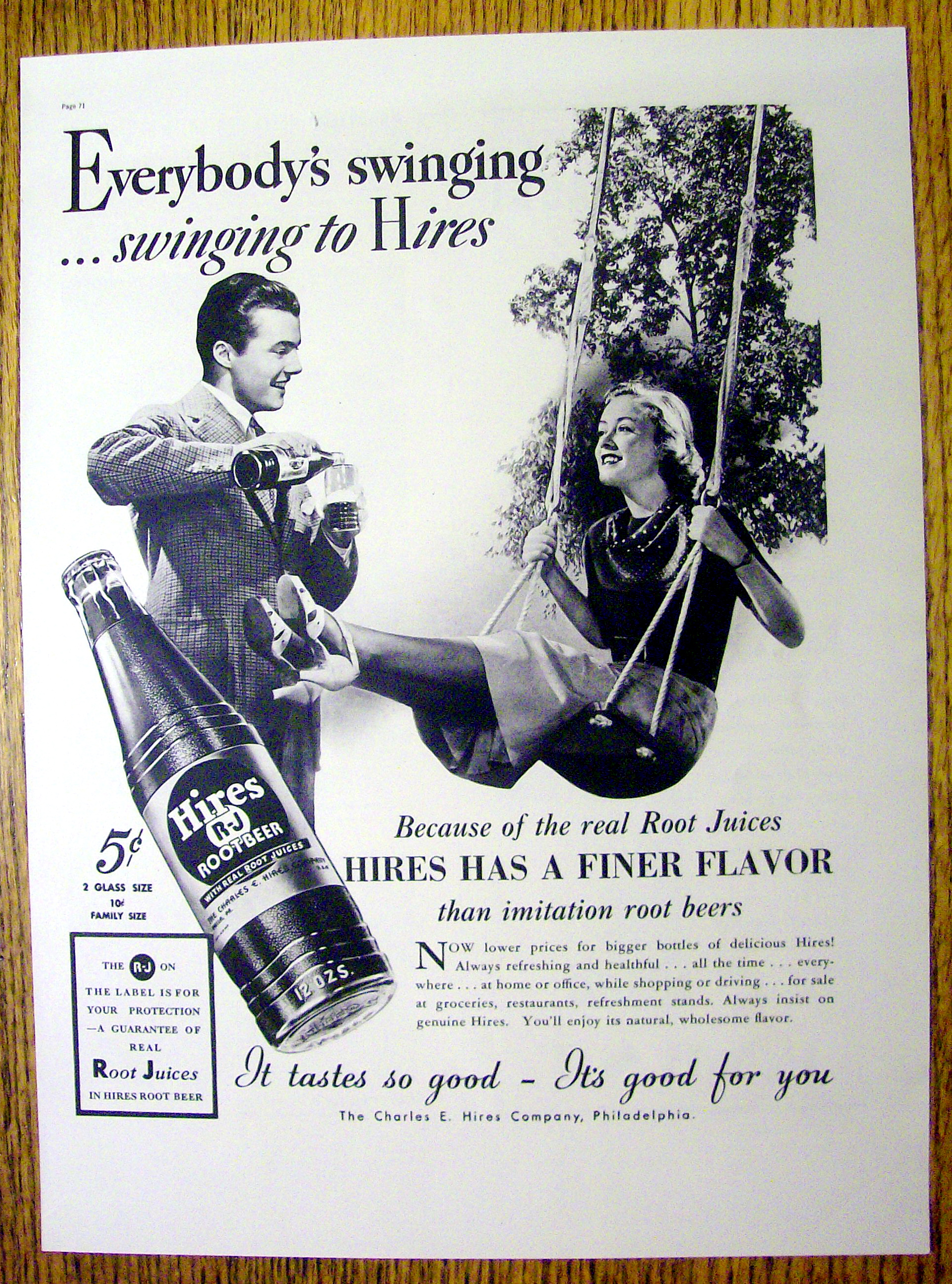 1937 Hires Root Beer with Woman Swinging on Swing