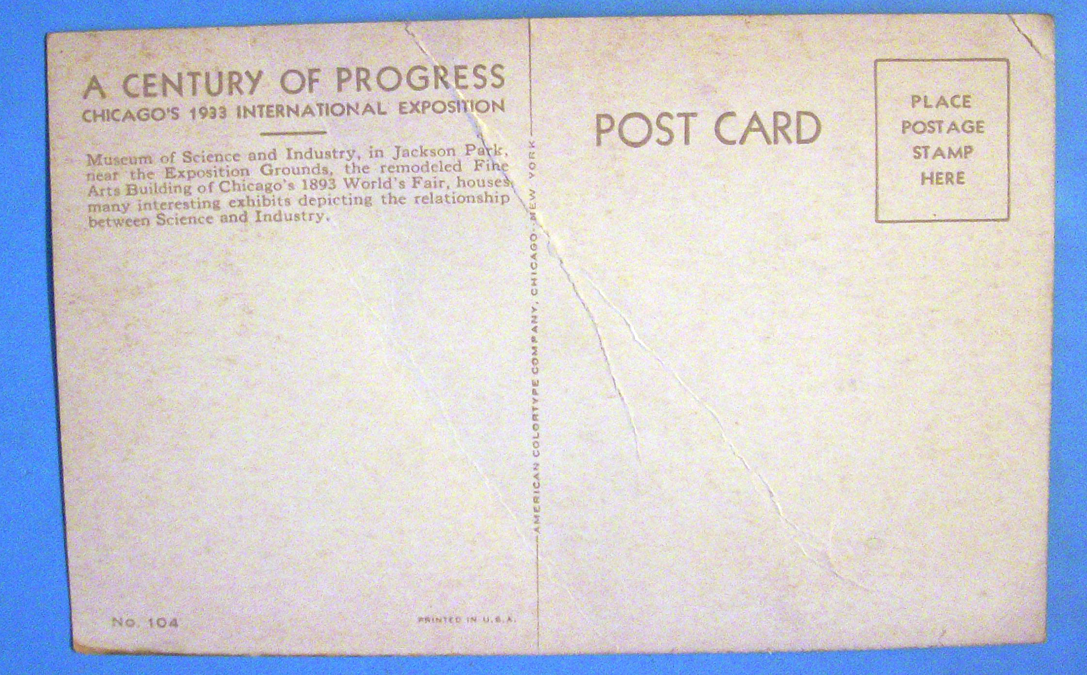 1933 Century of Progress, Science & Industry Postcard