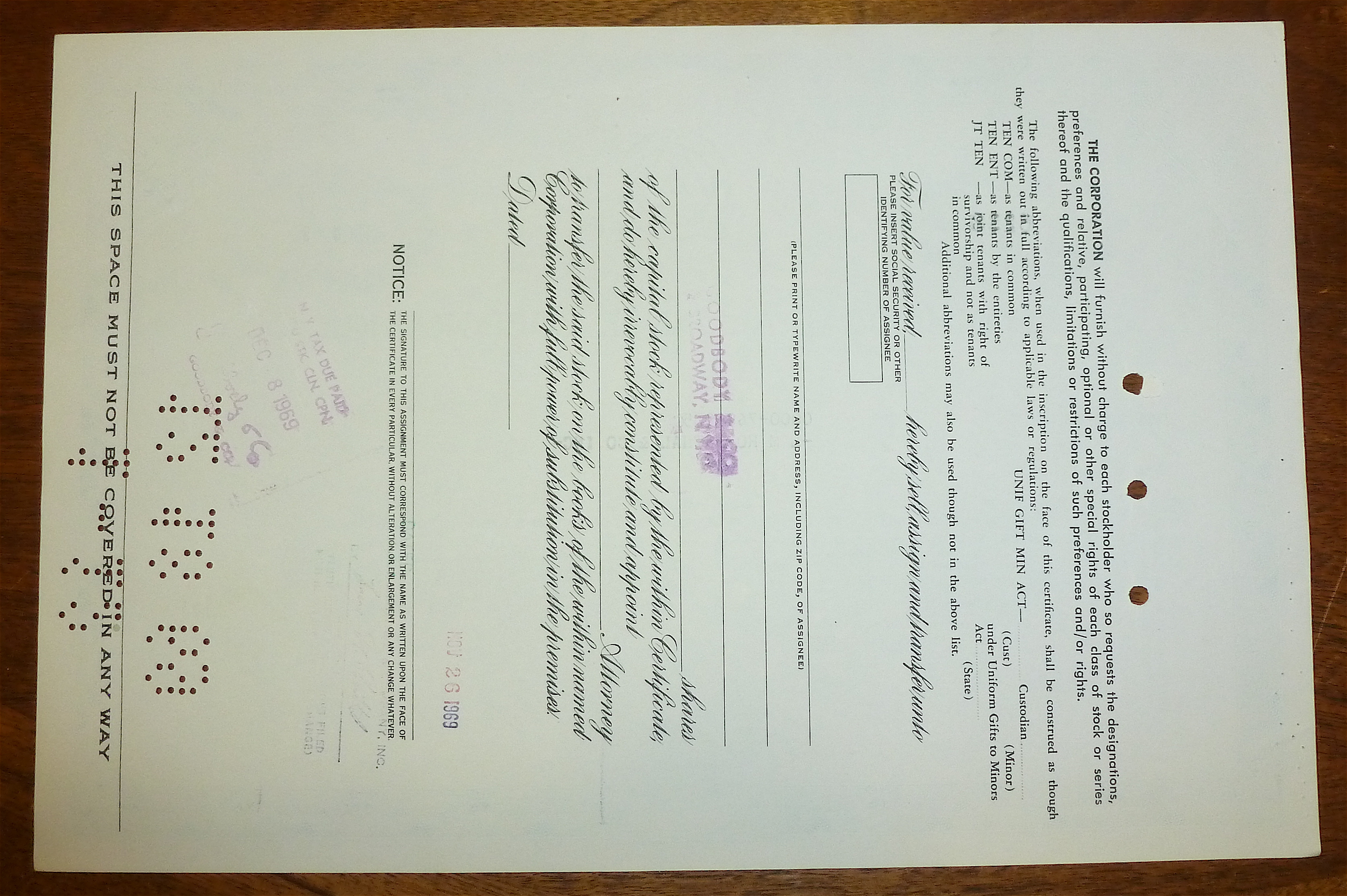 1969 Commercial Alliance Corporation Stock Certificate