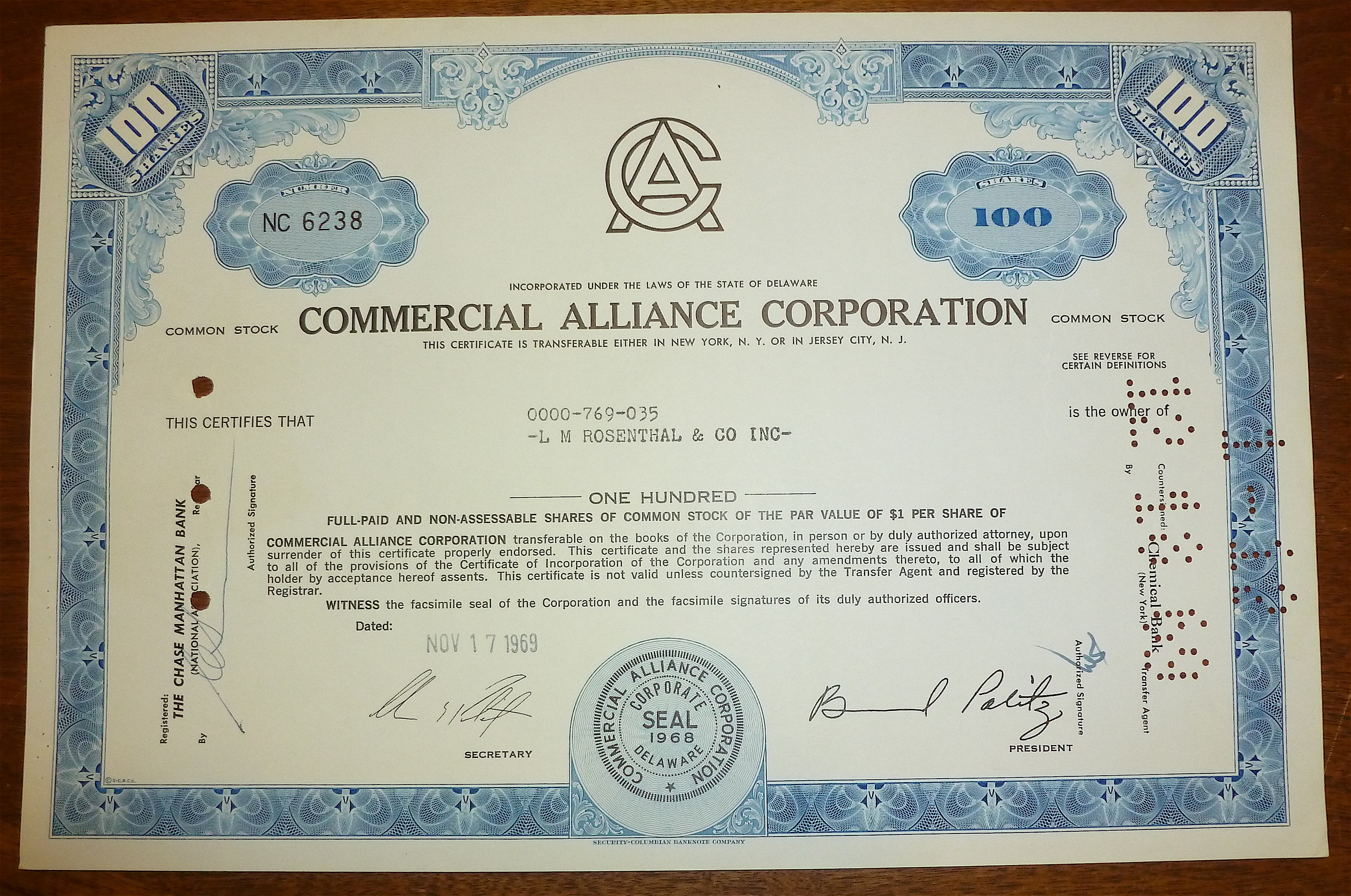 1969 Commercial Alliance Corporation Stock Certificate