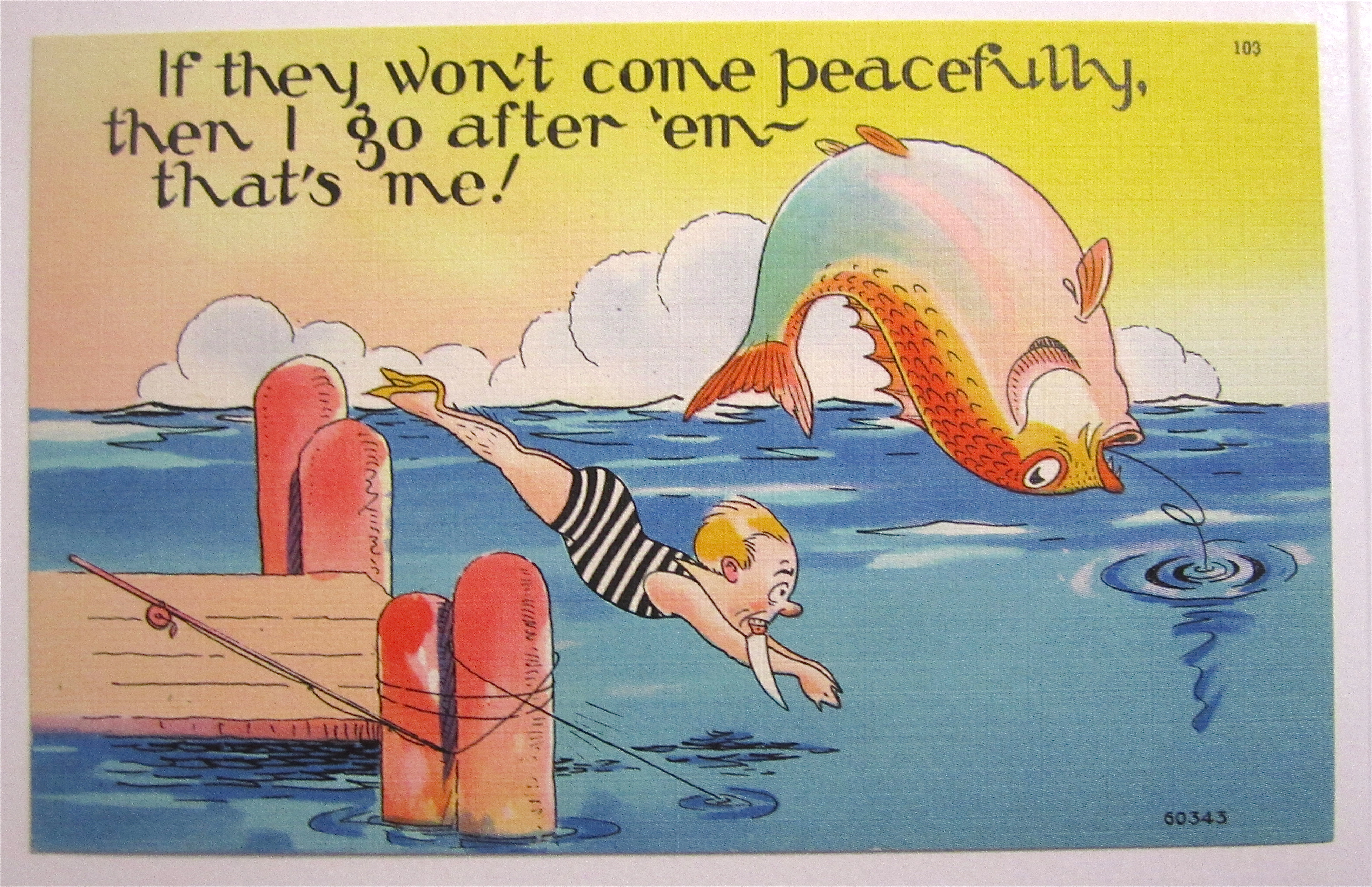 Man Going After Fish He Caught Postcard