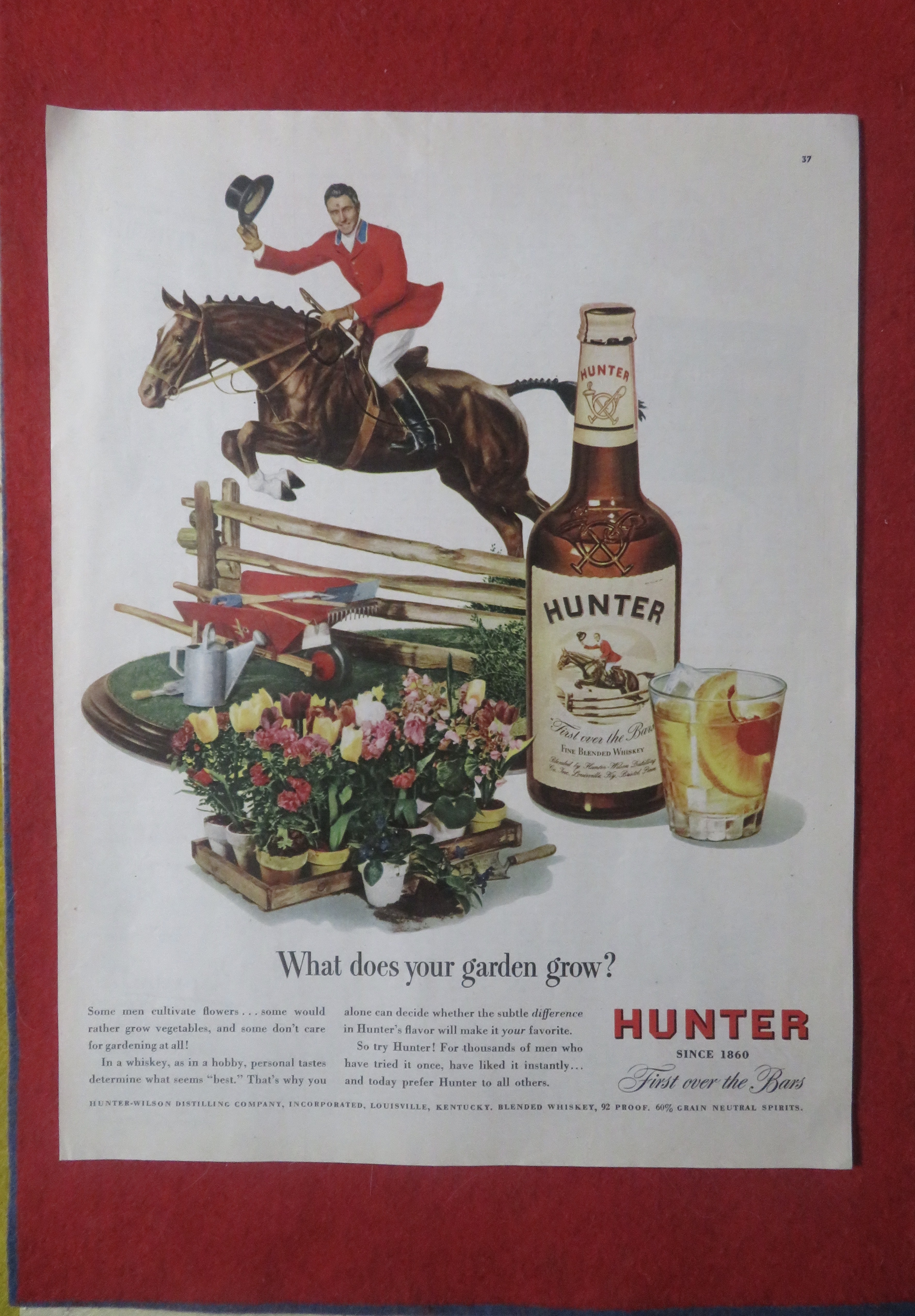 1948 Hunter Whiskey with Man on Horse Jumping Fence