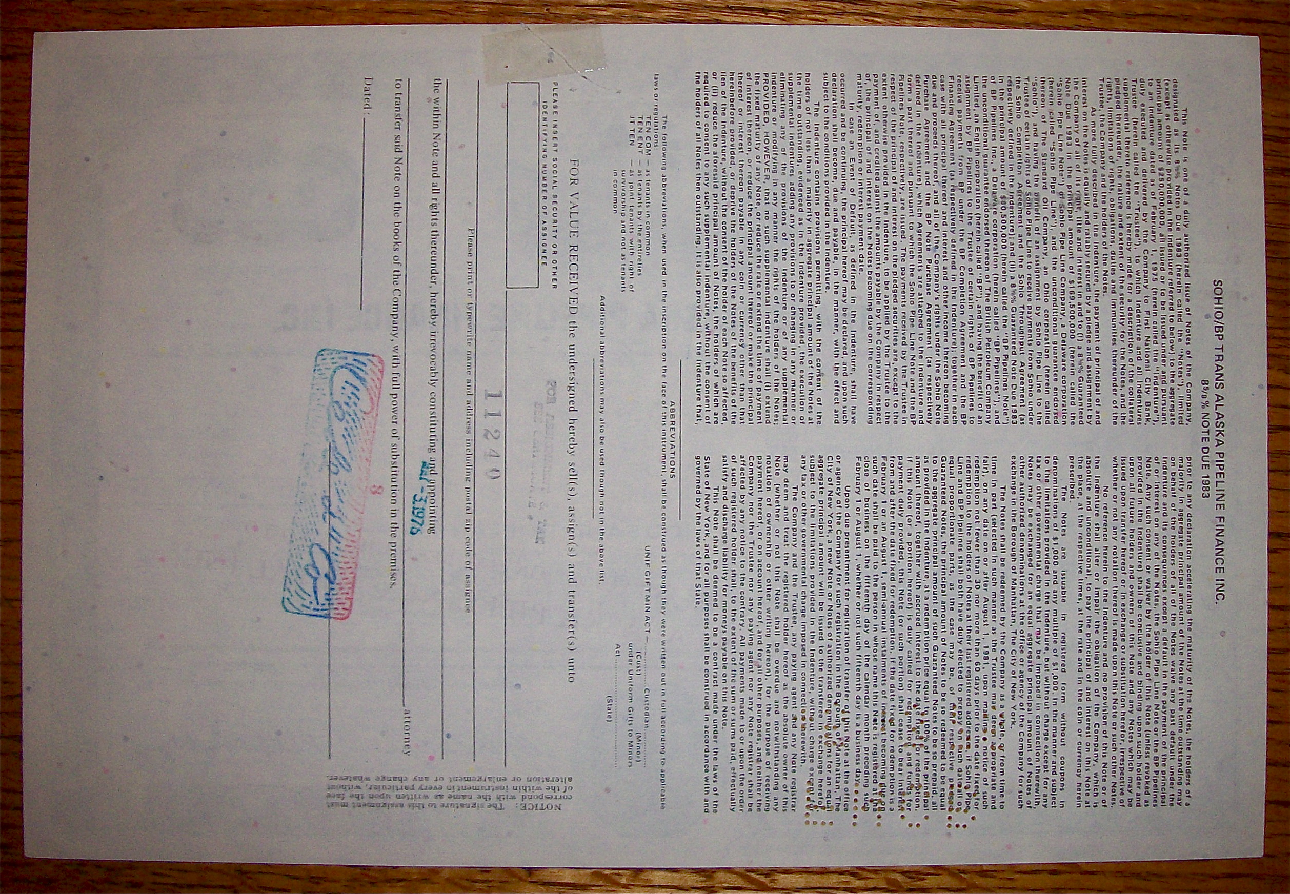 1976 Sohio/BP Trans Alaska Pipeline $10,000 Note
