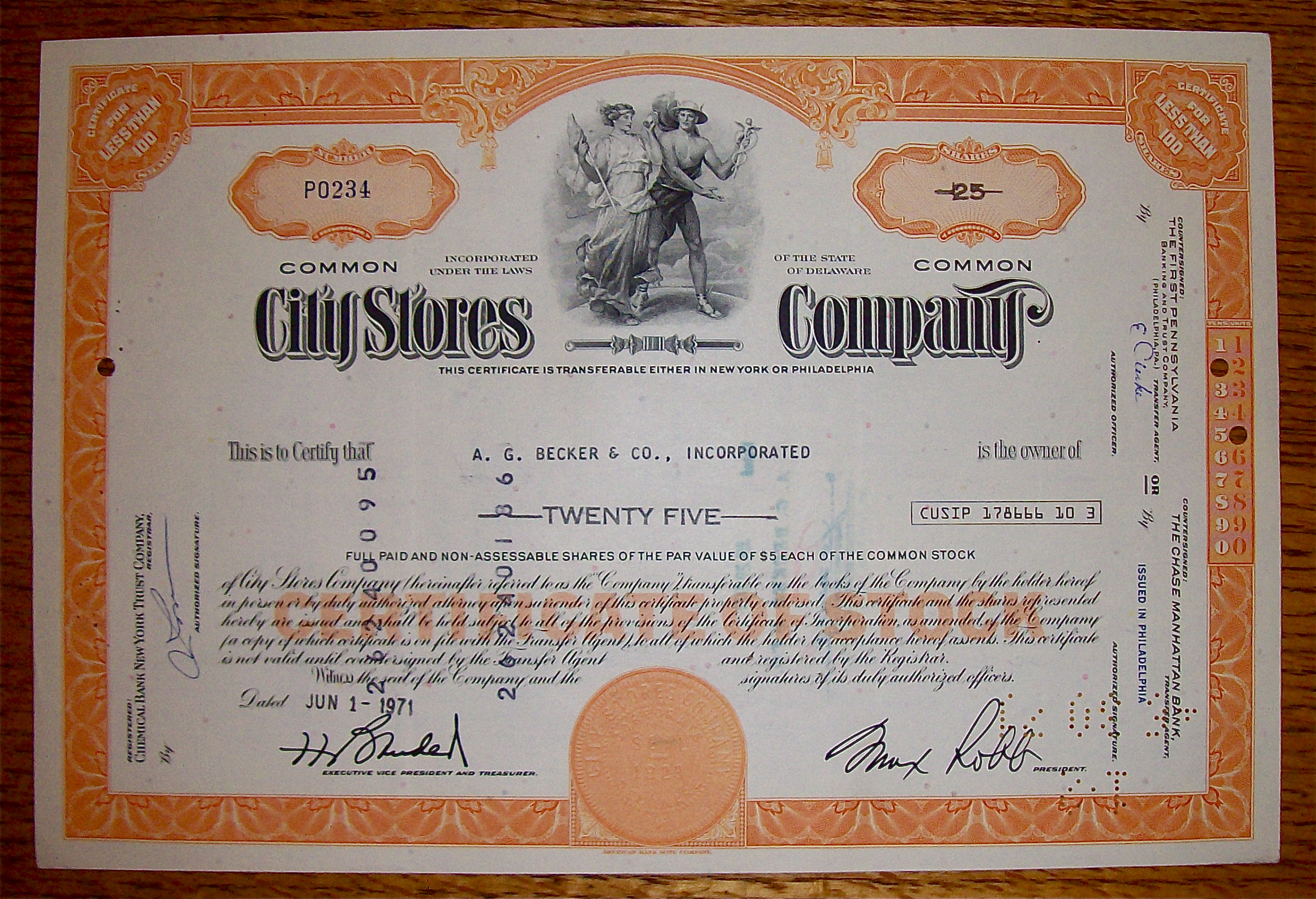 1971 City Stores Company Stock Certificate