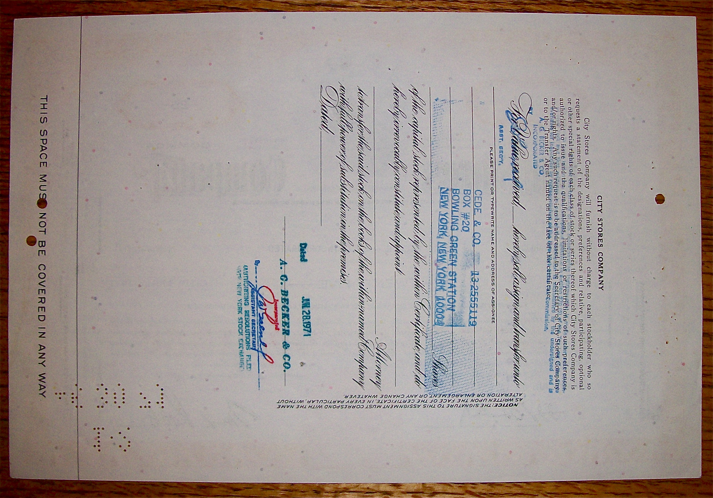 1971 City Stores Company Stock Certificate
