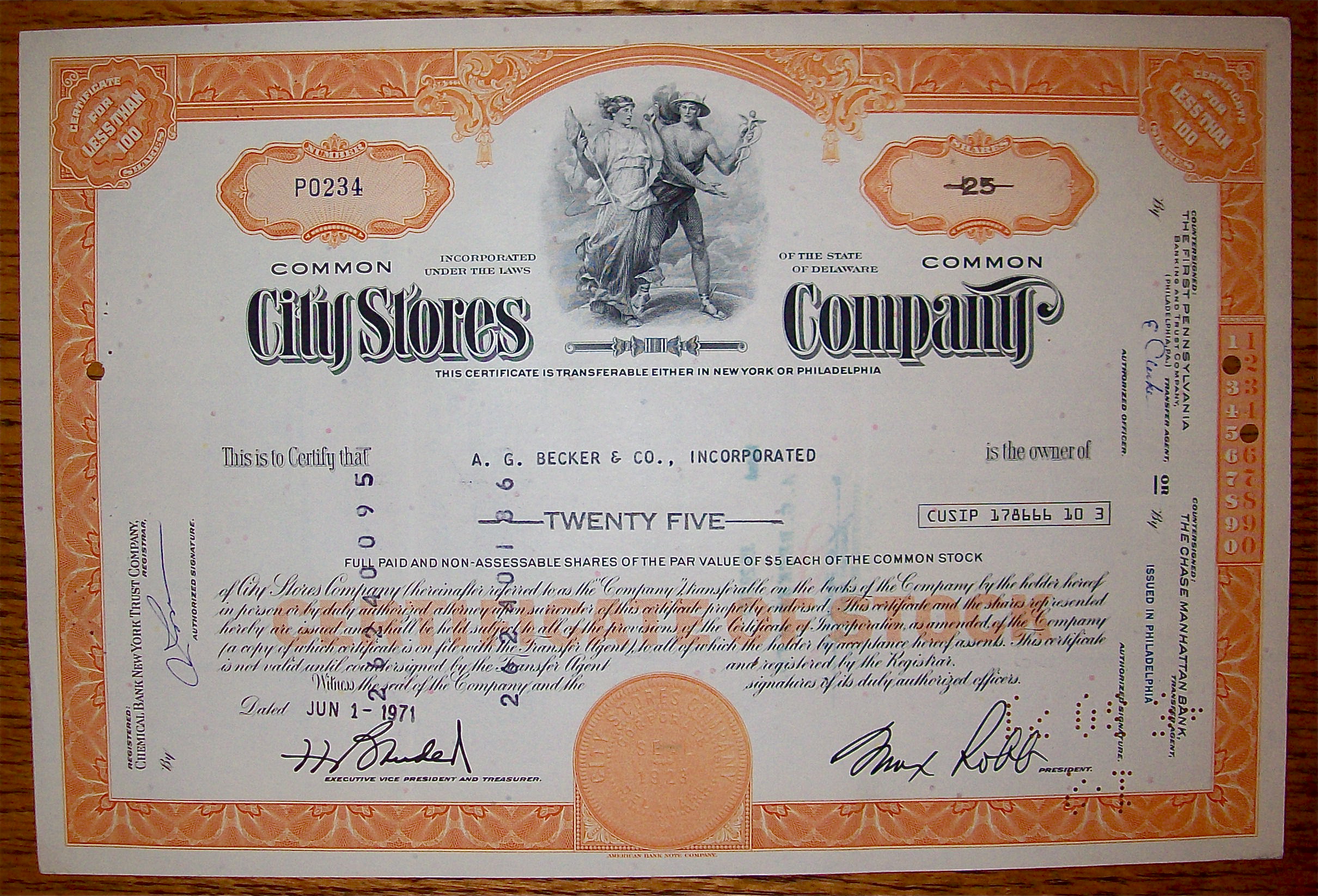 1971 City Stores Company Stock Certificate