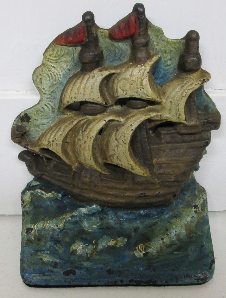 Door Stop Ship Full Sails at Sea Hand Painted