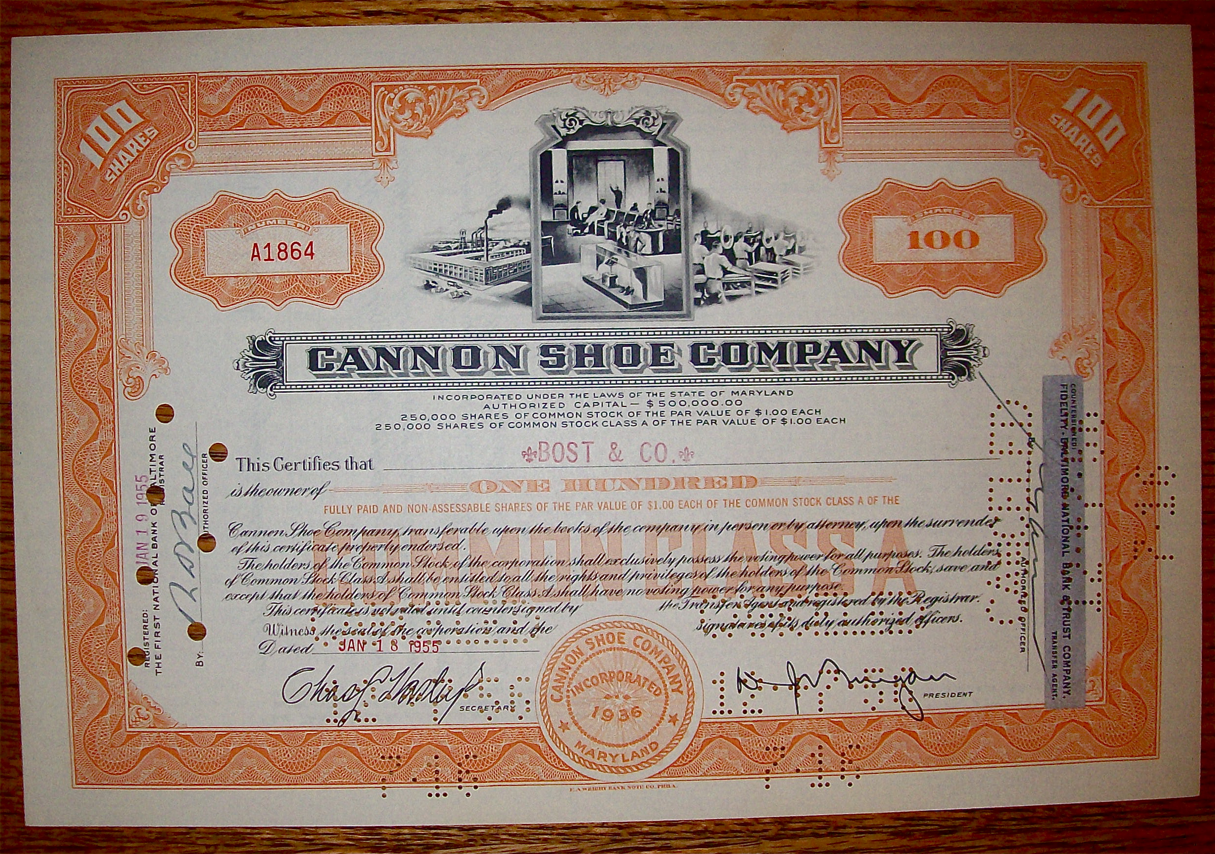 1955 Cannon Shoe Company 100 Shares Stock